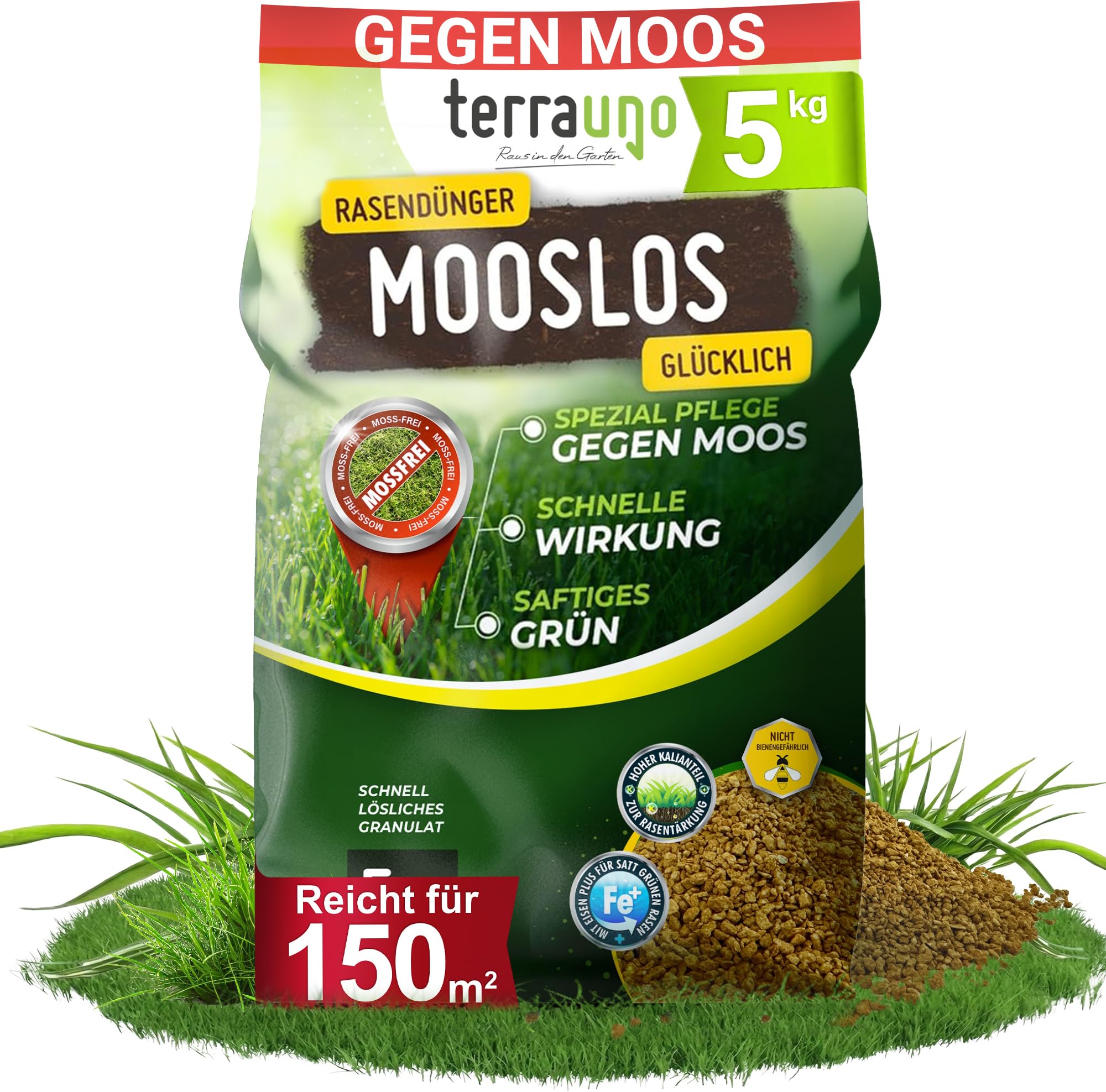 TerraUno Rasendünger Frühjahr Mooslos Glücklich, Moosfrei in 3 Tagen, 5 kg für 150 m², Eisendünger gegen Moos, extrafeines Granulat, Frühjahrsdünger Rasen, Dünger für den Streuwagen