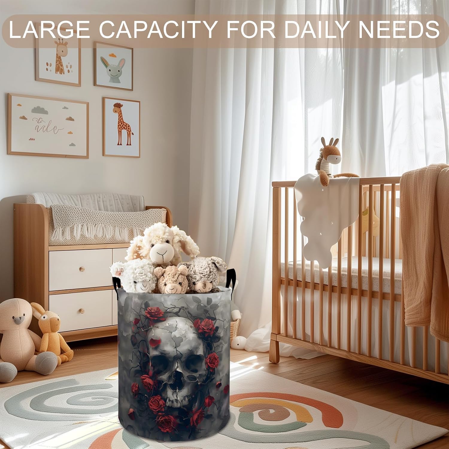 Skull Rose Laundry Basket Hamper 19.7"x15.8", Gothic Foldable Waterproof Oxford Clothes Storage Bucket for Room Bathroom Bedroom Nursery Decor, Toy Organizer Bins Gifts for Kids Boys Girls