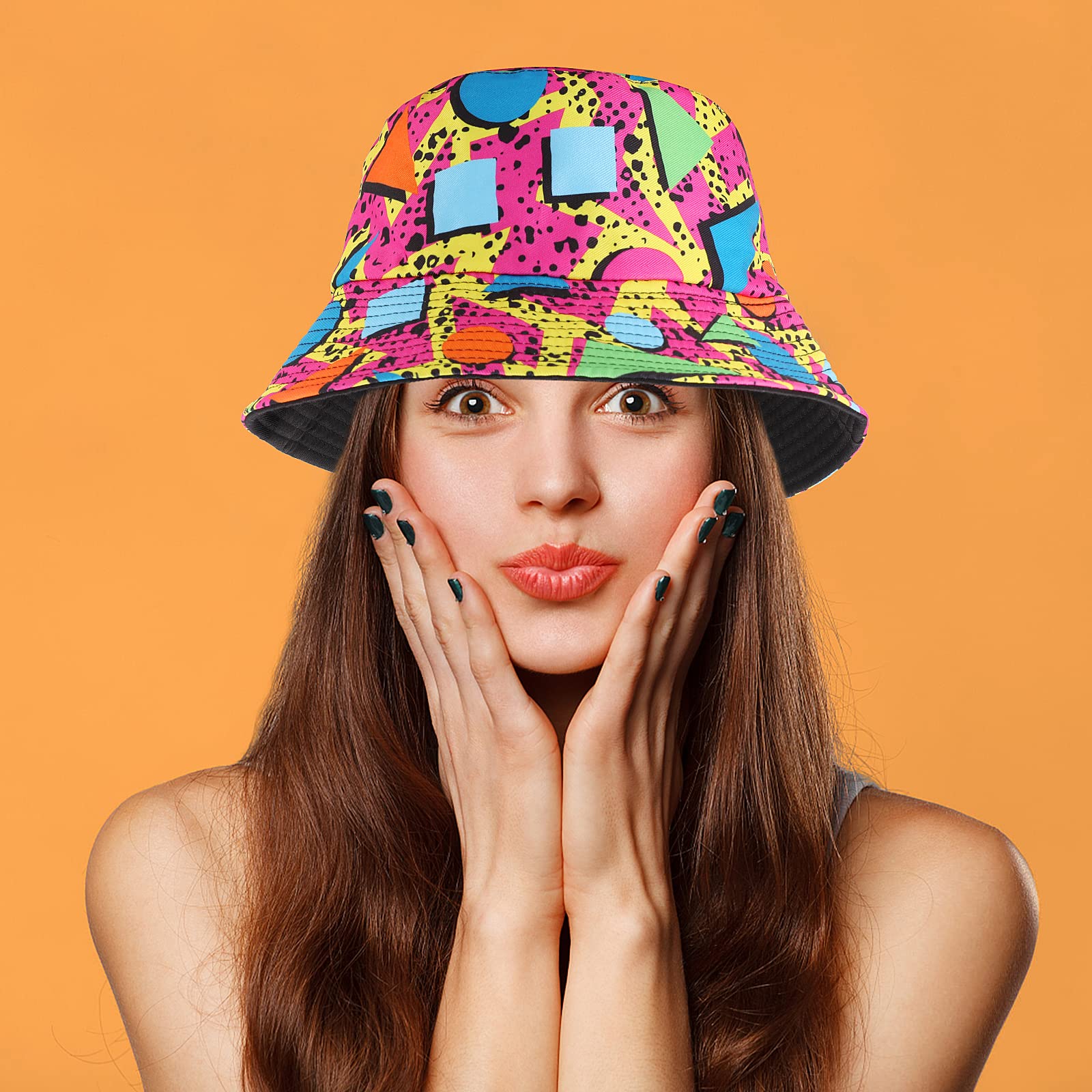 Lusofie Kapelusz typu bucket w stylu retro z lat 80. dla mężczyzn kobiet zabawny kapelusz disco typu bucket na dyskotekę hip-hop impreza dwustronna przenośna czapka z nadrukiem kapelusz rybaka dla