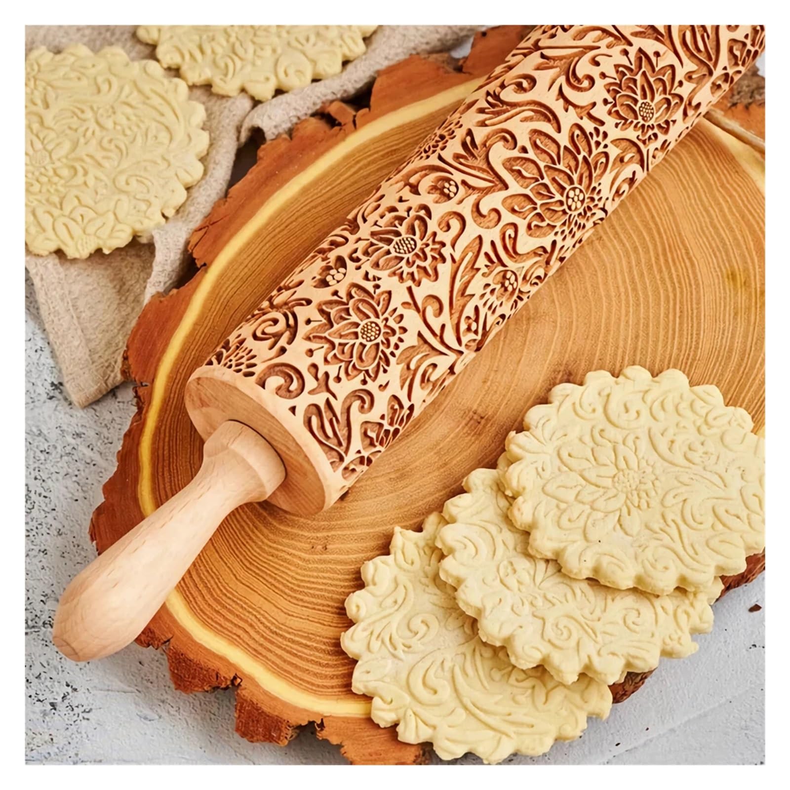 Rodillo de Madera de 13,7 Pulgadas con Estampado de Girasol for repostería, Galletas y Grabado Profundo. para Cocina, Pastelería