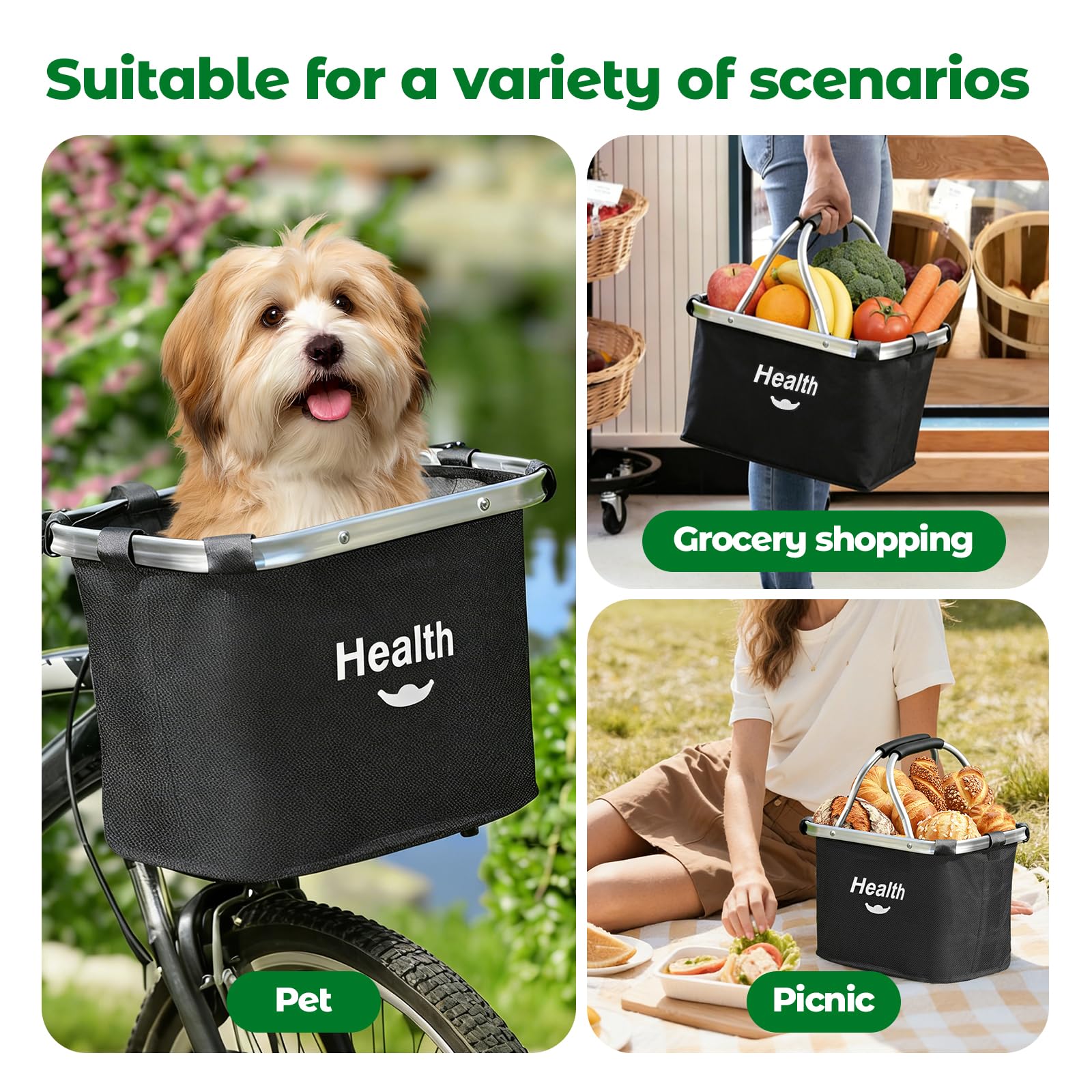 auvstar Cestino di Tela per Biciclette,Cestino della Bicicletta Pieghevole, Cestino per Bici Staccabile, Animali Domestici Multiuso per Cestino, Borsa per la Spesa, Campeggio all'aperto,(Nero)