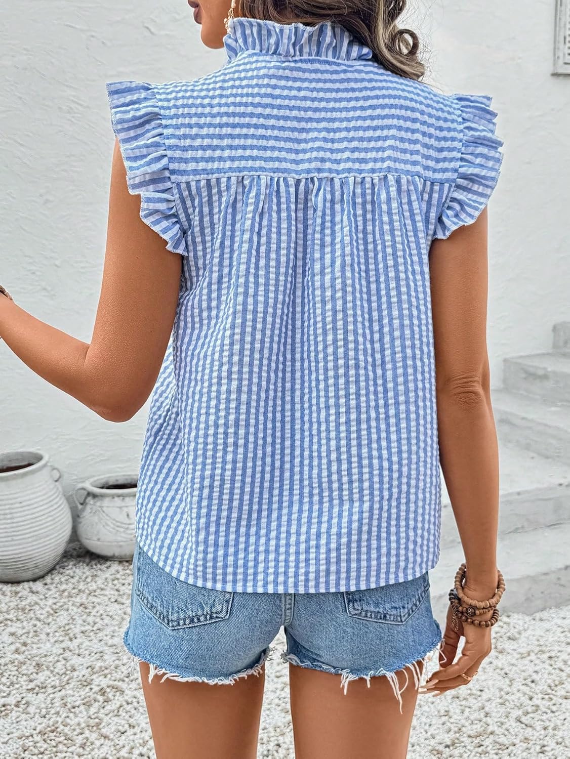 Women's Striped Sleeveless Blouse Ruffle Collar Button Down Shirt with Lace Detail Loose Fit Summer Top - Image 3