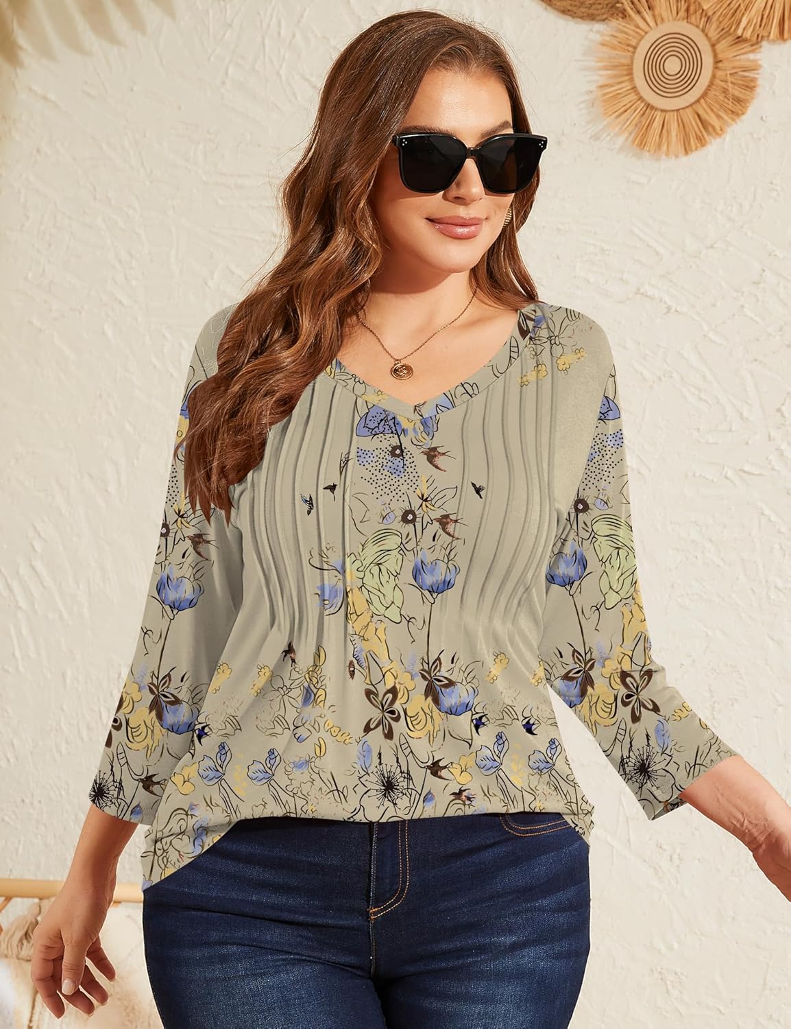 Romanstii Plus Size Tops for Women Womens 2026 Spring 3/4 Sleeve Blouses Dressy Casual V-Neck T-Shirts Pleated Tunic XL-5XL - Image 5