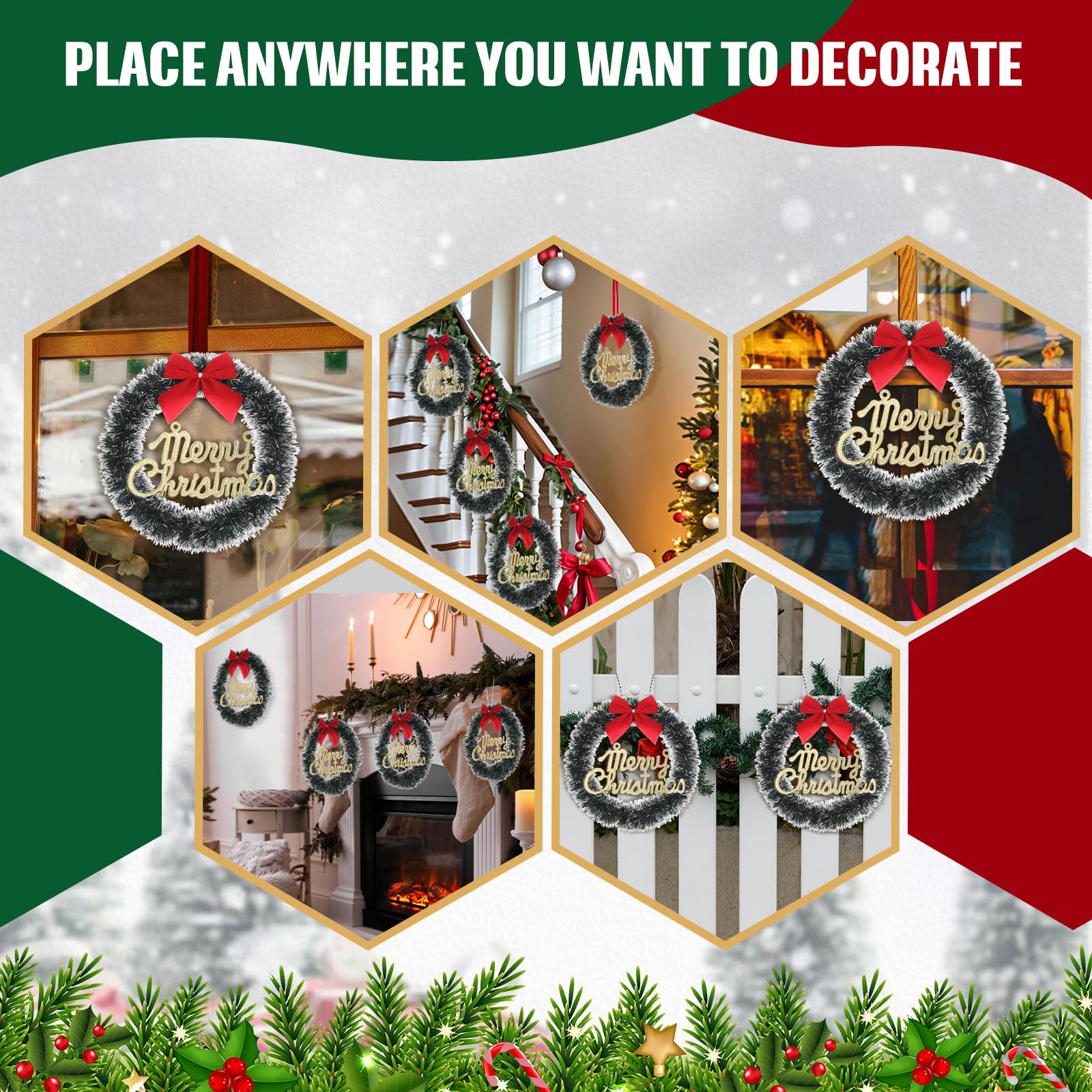 Jenaai 24 coronas de Navidad para puerta delantera, corona de Navidad artificial de 10 pulgadas con lazo rojo para colgar, manualidades de invierno para interiores y exteriores, hogar, ventana, pared,