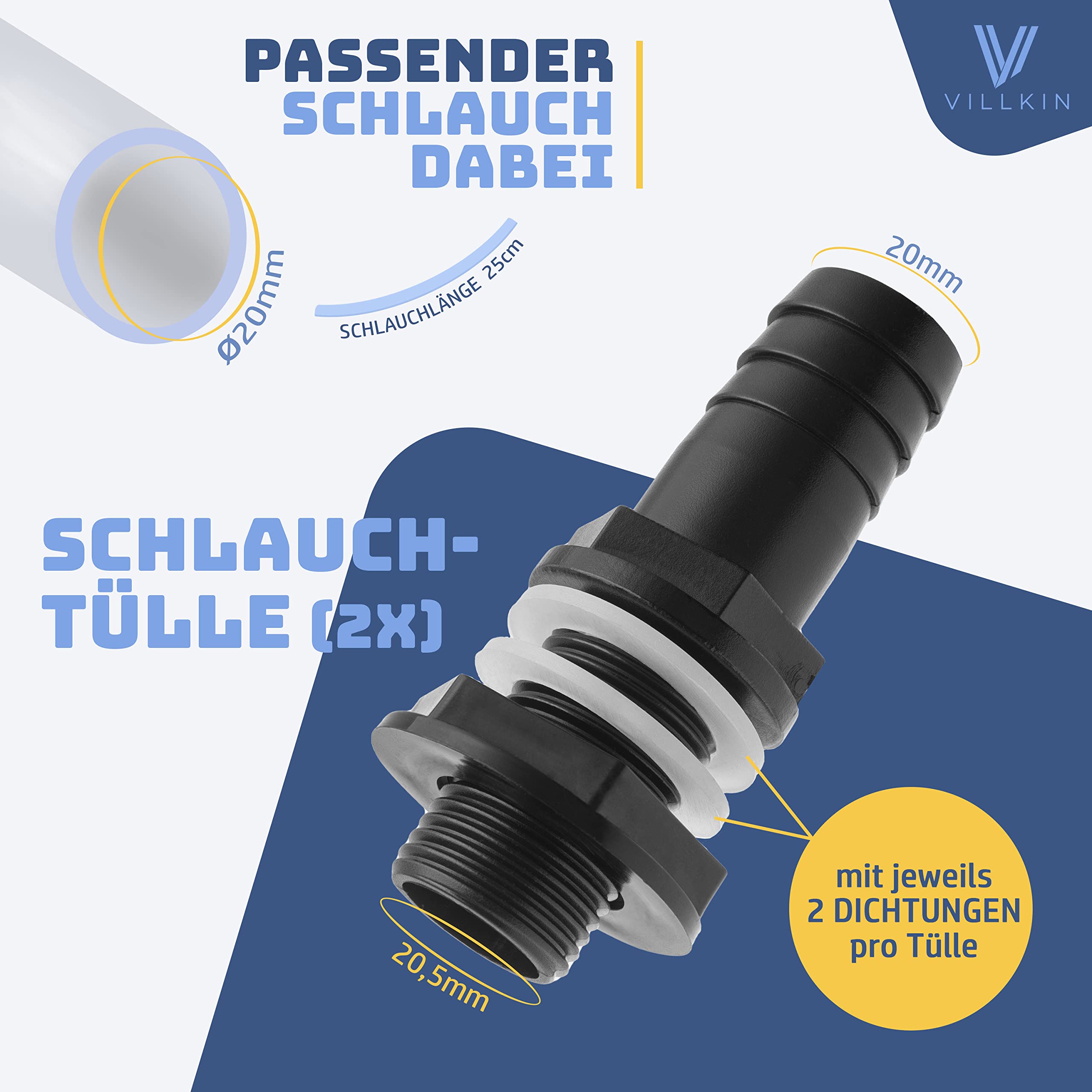 Villkin Water butt connector with 3/4 inch (19 mm) thread, ideal for 22 mm drill hole including 25 cm hose with 20 mm diameter - Image 2