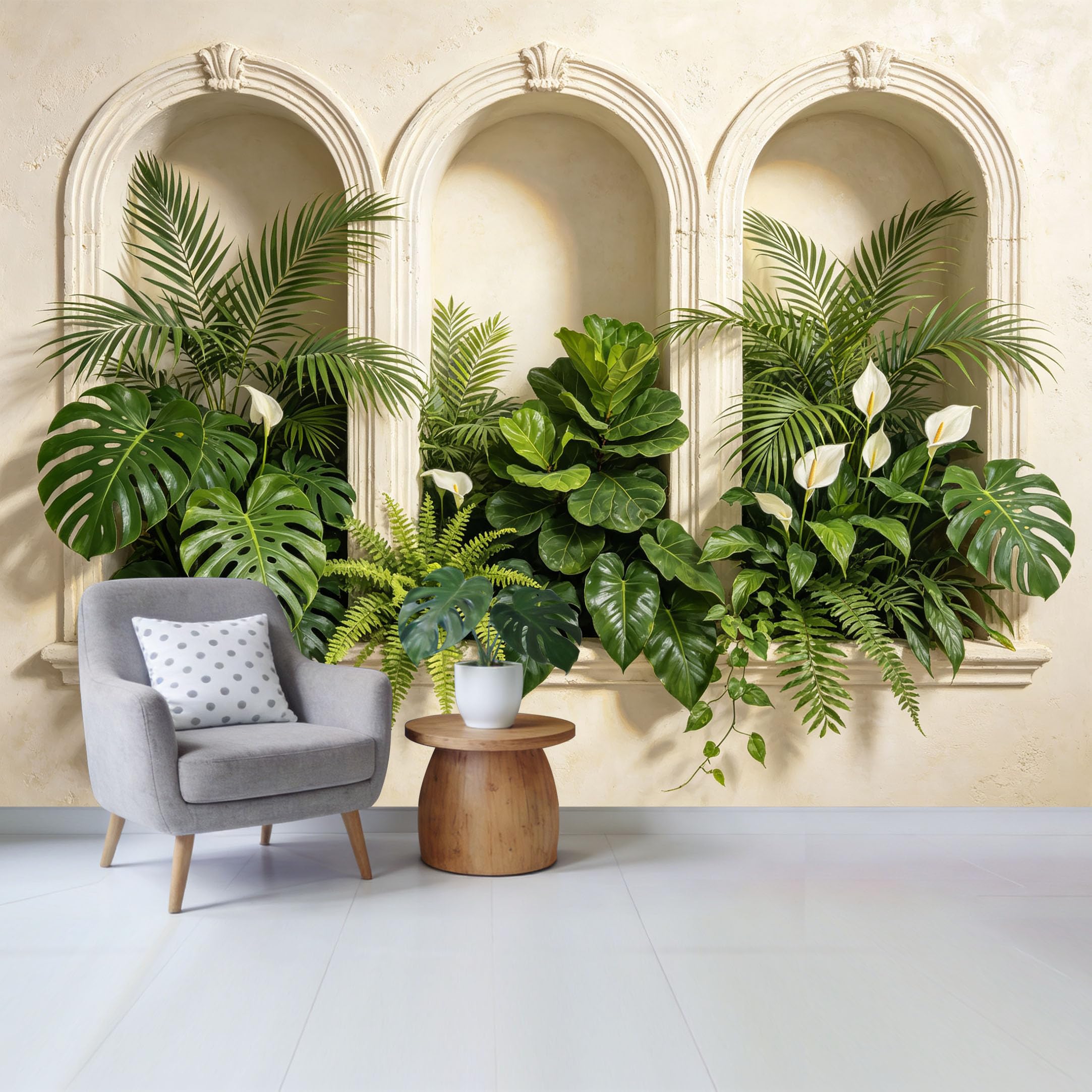 Custom Size Wall Mural Tropical Botanical Greenery Arch Window Garden View Removable Self Adhesive Fabric Home Wall Decor for Living Room Bedroom Bathroom