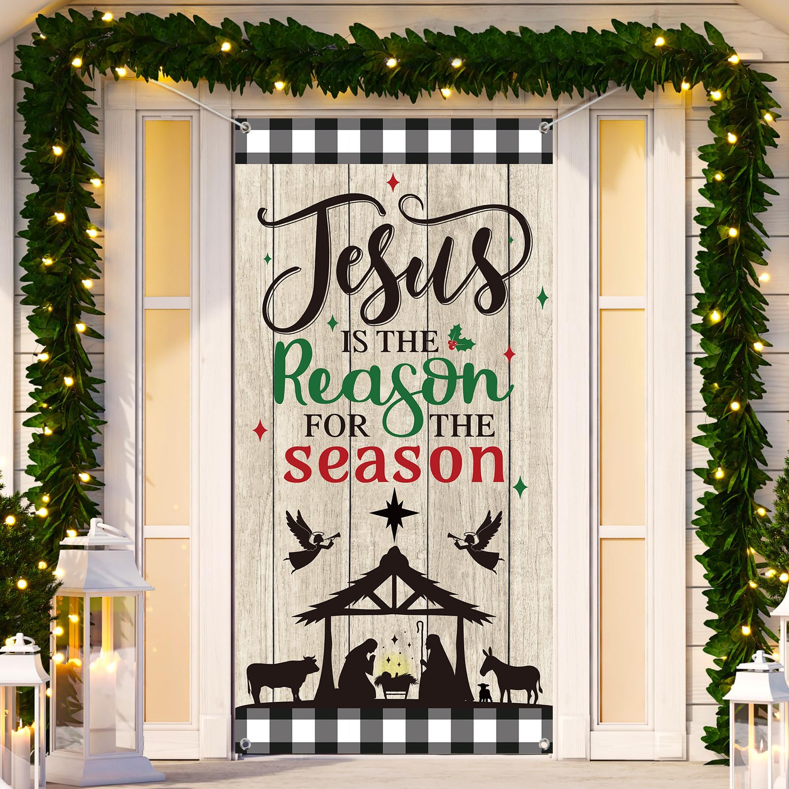 Christmas Jesus Religious Door Cover Xmas Holy Night Door Backdrop Jesus is The Reason for The Season Door Decoration for Christmas Party Hanging Decor, 70.8 x 35.5 Inches (Vintage)