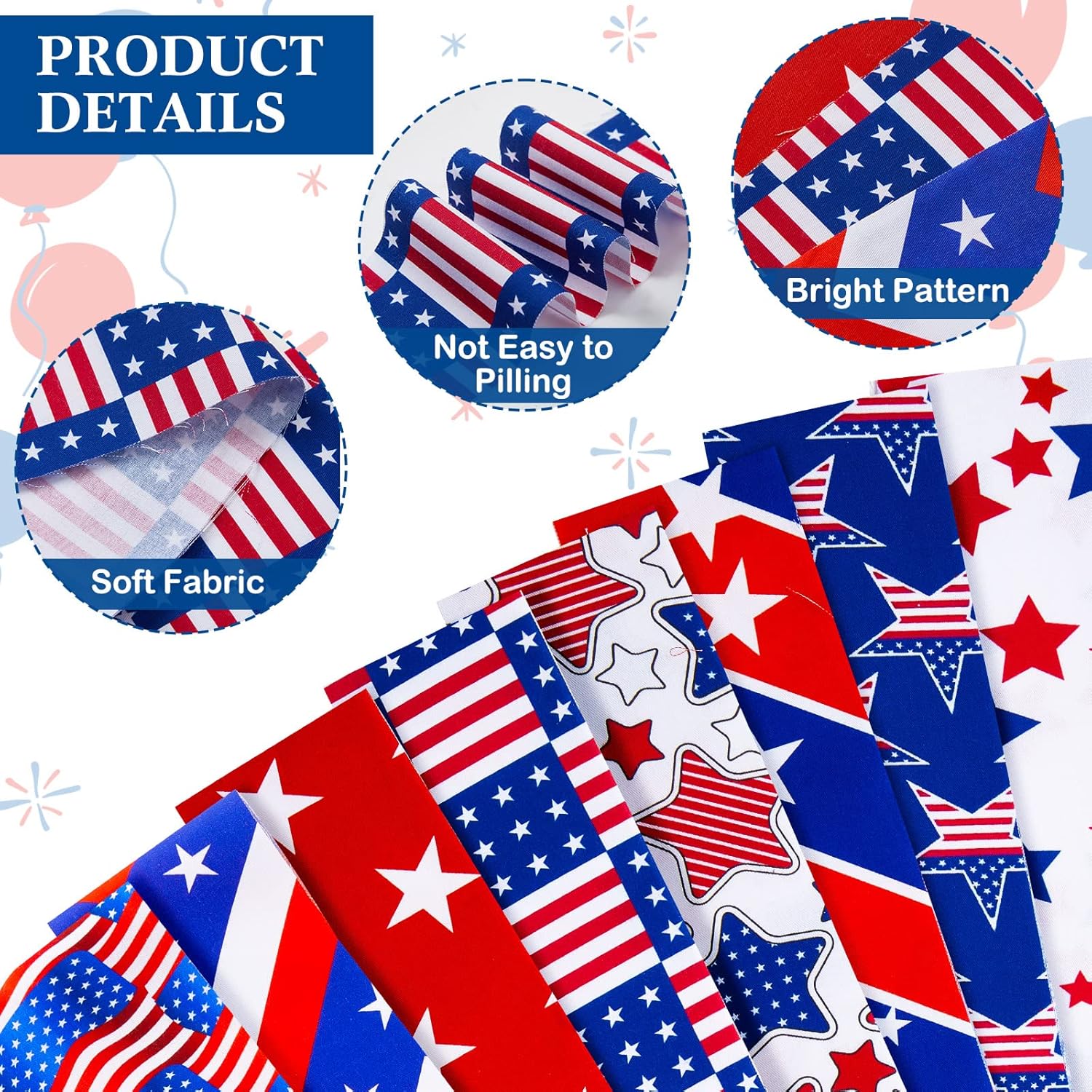 Tatuo 60 Pcs 4th of July Cotton Patriotic Fabric Roll Independence Day Red White Blue Strips American Juneteenth Freedom Day Fabric Roll for Sewing DIY Patchwork