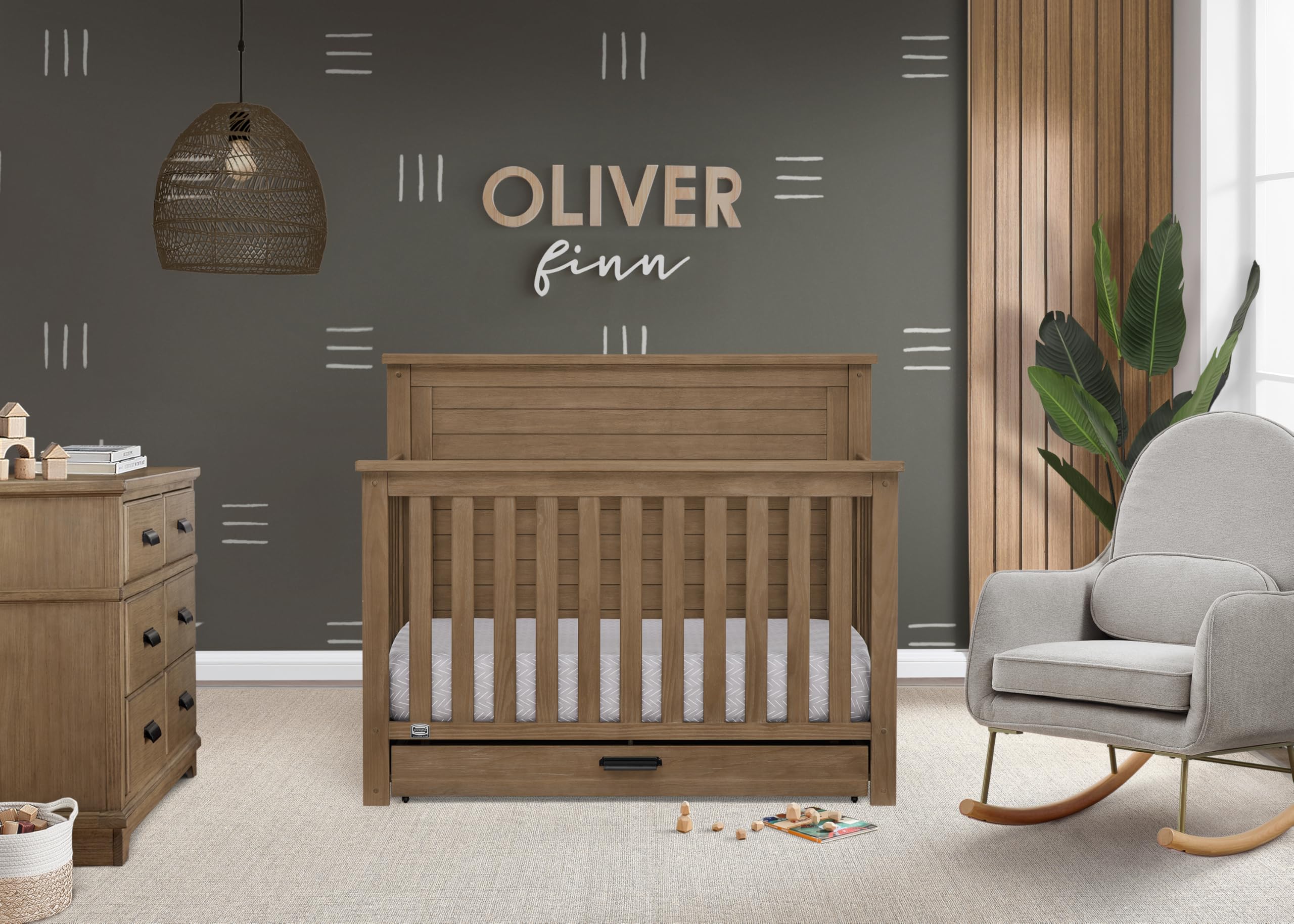 Delta Children Simmons Kids Caden 6-in-1 Convertible Crib with Trundle Drawer, Greenguard Gold Certified, Aged Oak : Baby