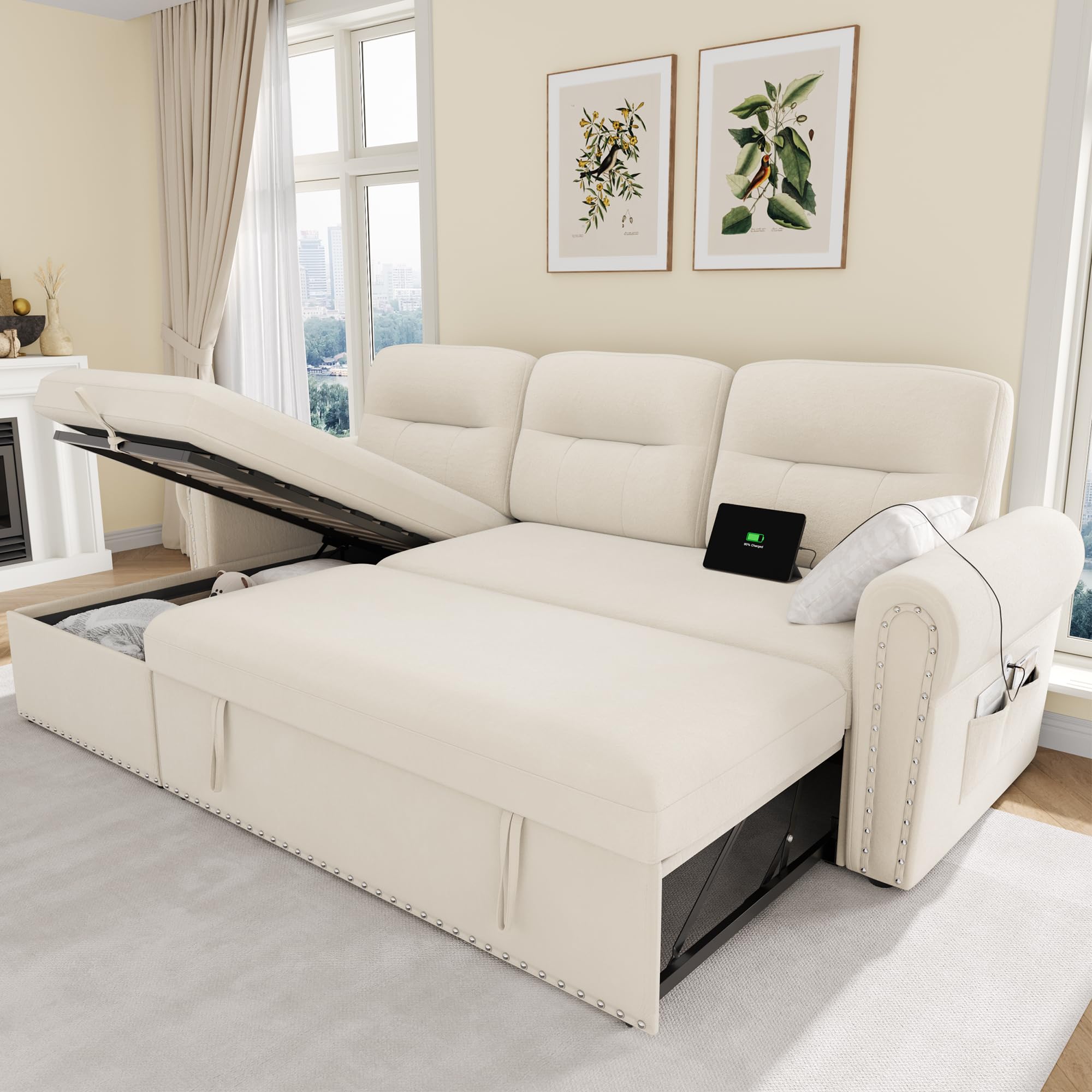 Sleeper Sofa Bed, 87'' Pull Out Couch Bed with Reversible Storage Chaise & Nailhead Armrest, Sectional Couches for Living Room, Side Pocket & Charging