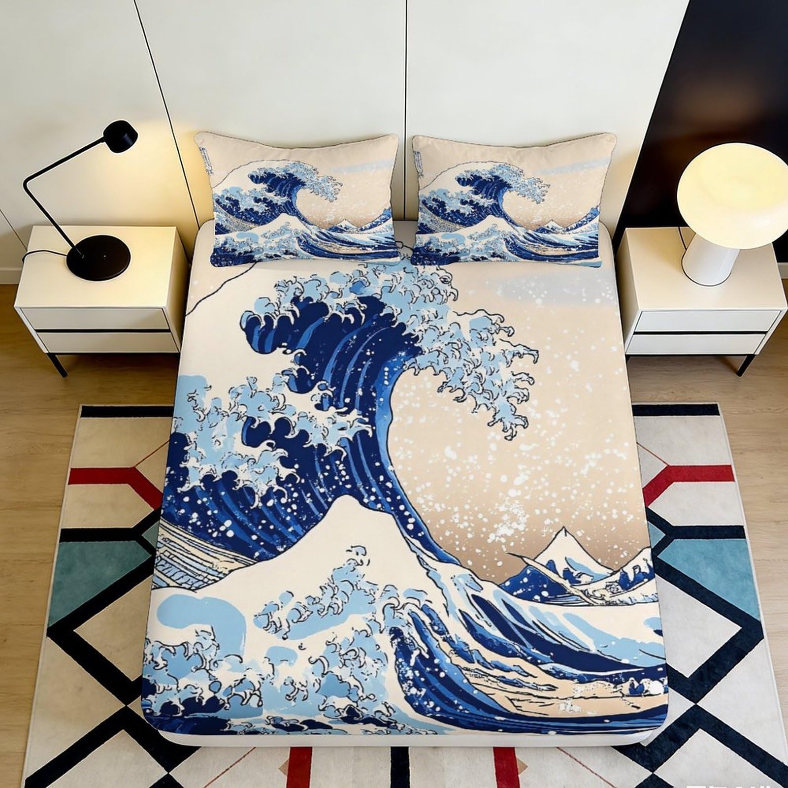 3D Printed Great Wave Fitted Sheet Microfiber Japanese Sea Mattress Cover Anti-Slip Washable Bed Decor for Home Guest Room 120x200x25cm