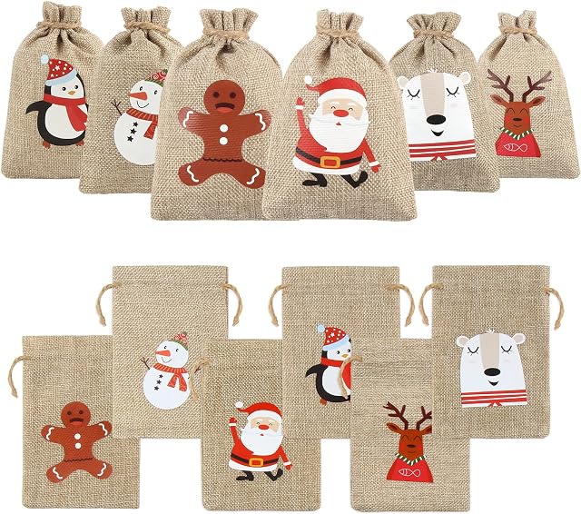 DIYASY 24pcs Christmas Burlap Jute Gift Bags with Drawstring Candy Pouch Bags for Christmas Party Favors(4 x 6inchs)