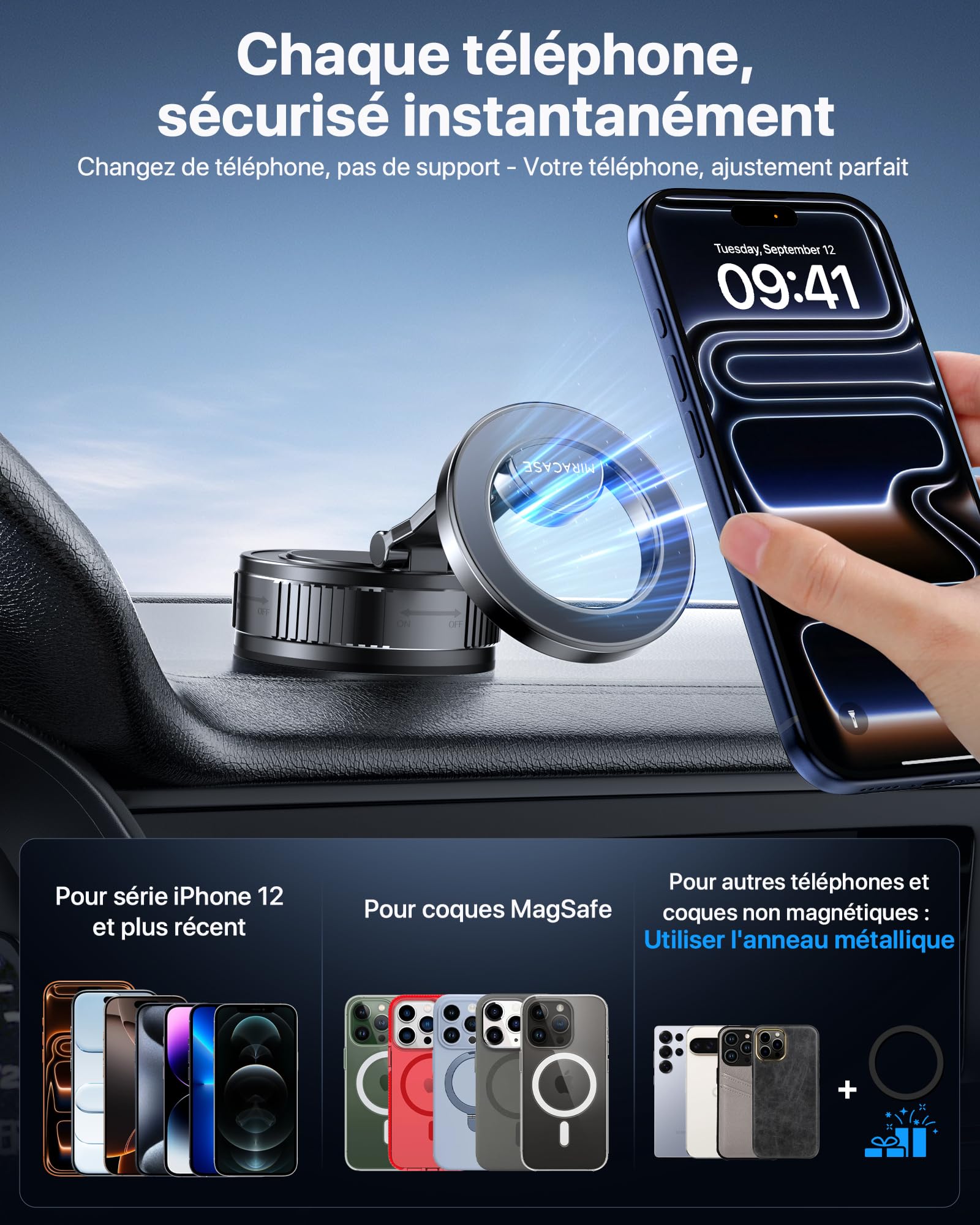 Miracase Support Telephone Voiture pour Magsafe [Succion Ultra Puissante] 2026 Aimant Telephone Voiture 360°Rotation pour iPhone 17 16 15 14 13 12 Pro Max, Autres Smartphones