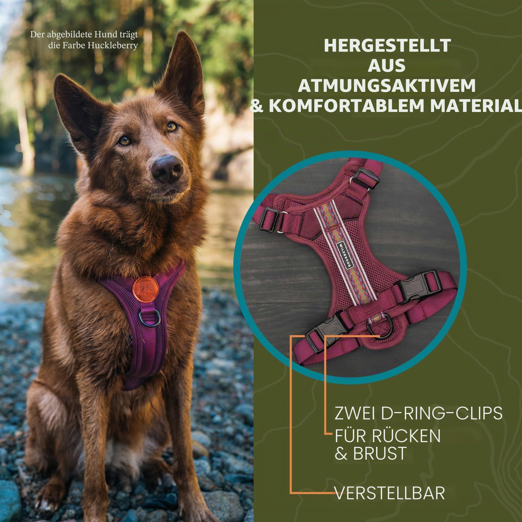 Wilderdog Leichtes Hundegeschirr mit reflektierenden Riemen, Größe M, Huckleberry