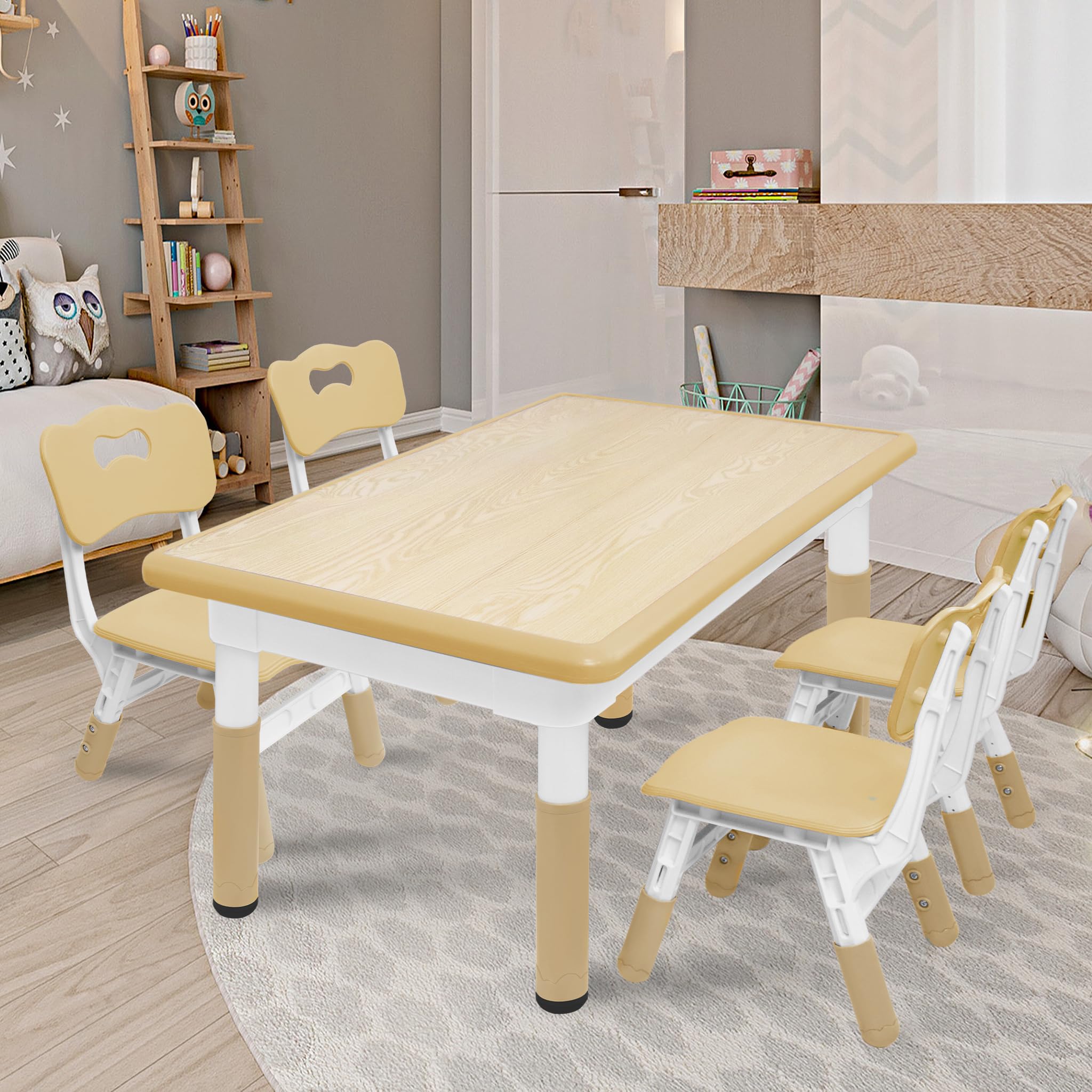 UISEBRT Table pour enfant avec 4 chaises, ensemble de sièges réglables en hauteur, pour enfants à partir de 2 ans, set de table en plastique, meubles pour maternelle et chambre d'enfant (couleur bois