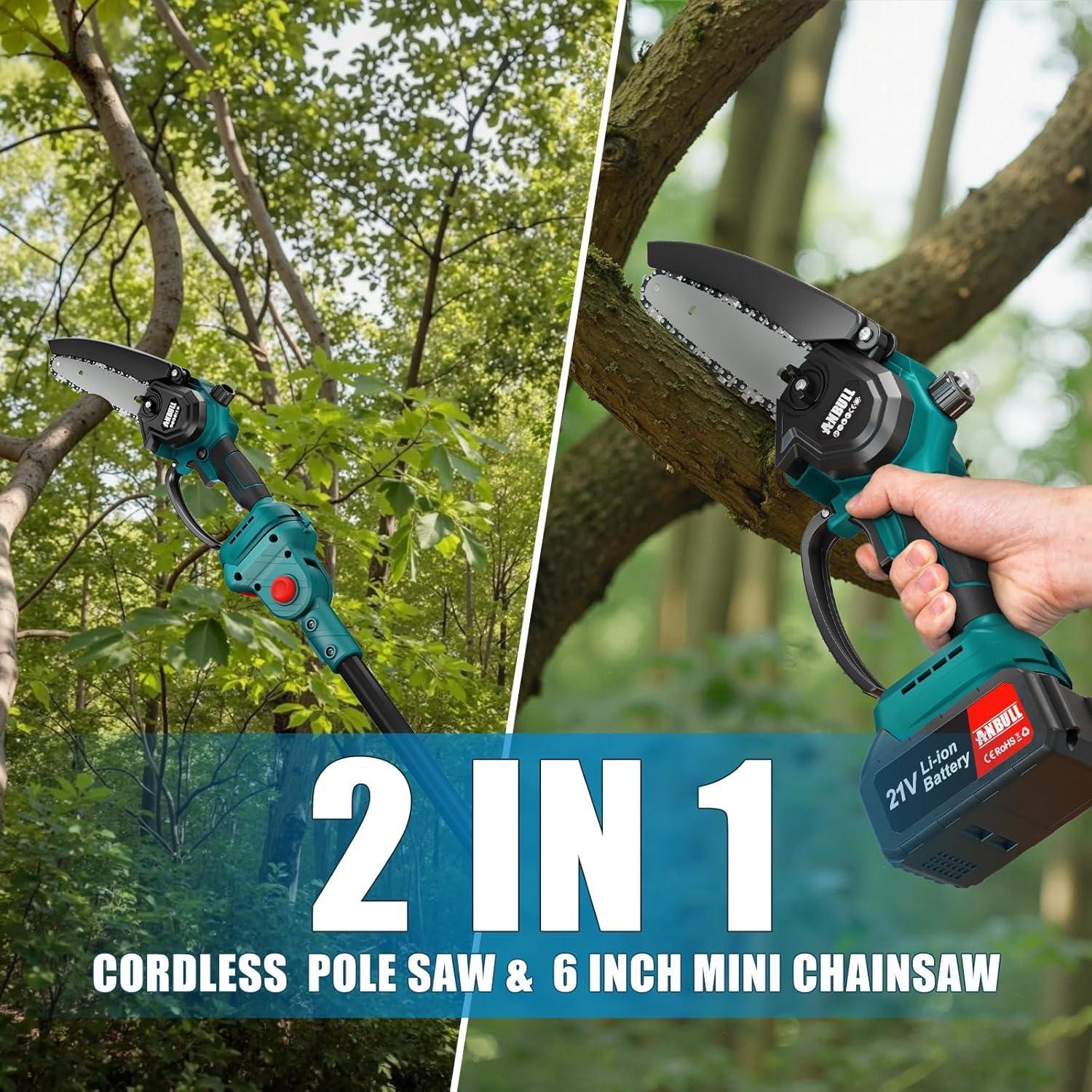 2-in-1 Akku Hochentaster & 6 Zoll Mini Kettensäge mit Teleskopstange bis 4,8 m, Bürstenloser Motor, Astsäge mit 2×4000mAh Akkus, kompatibel mit Makita 18V Akku, ideal zur Baum- und Gartenpflege