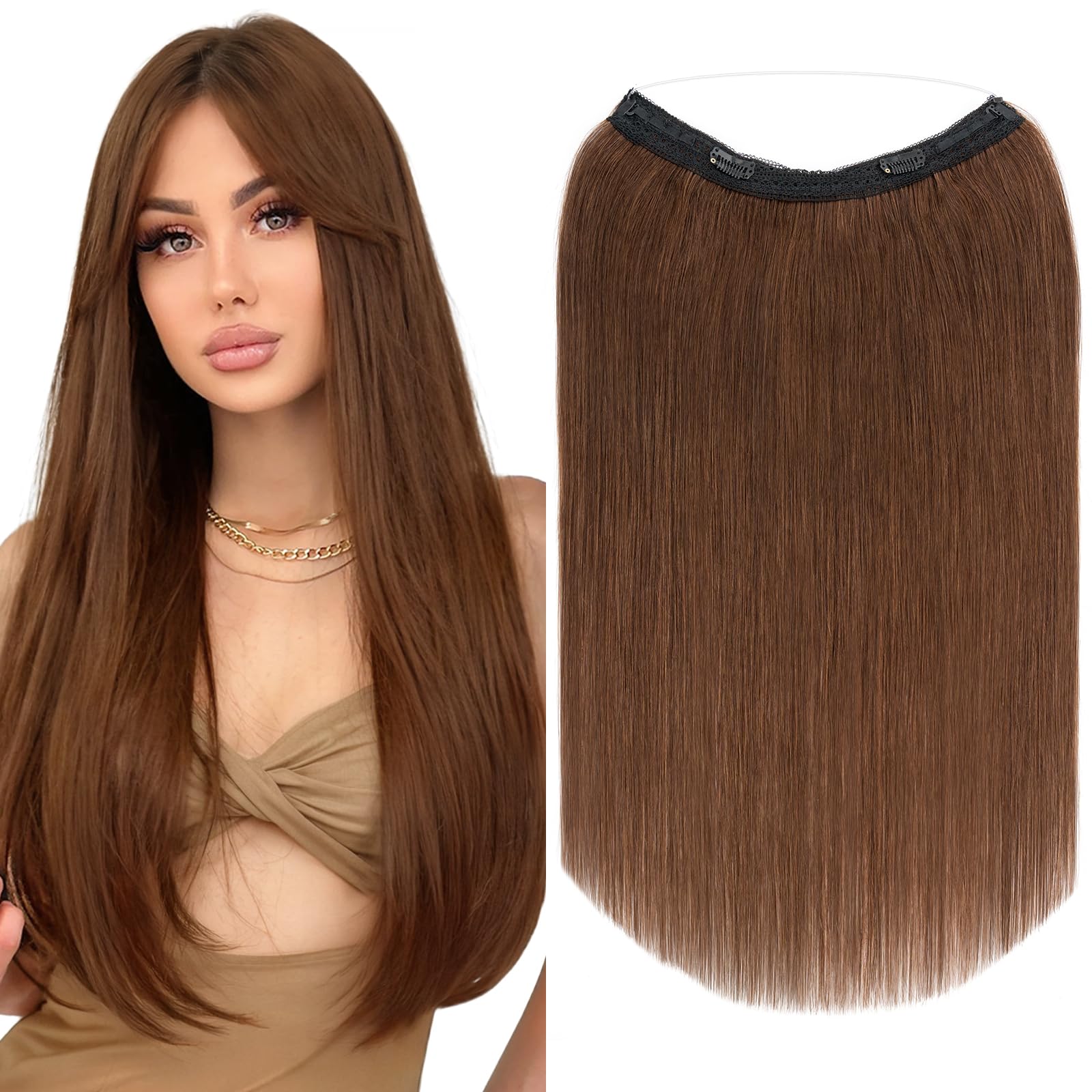 Elailite Halo Hair Extensions Real Human Hair for Women Medium Brown Clip in Remy Hairpiece with Adjustable Invisible Wire 20 Inch 70G