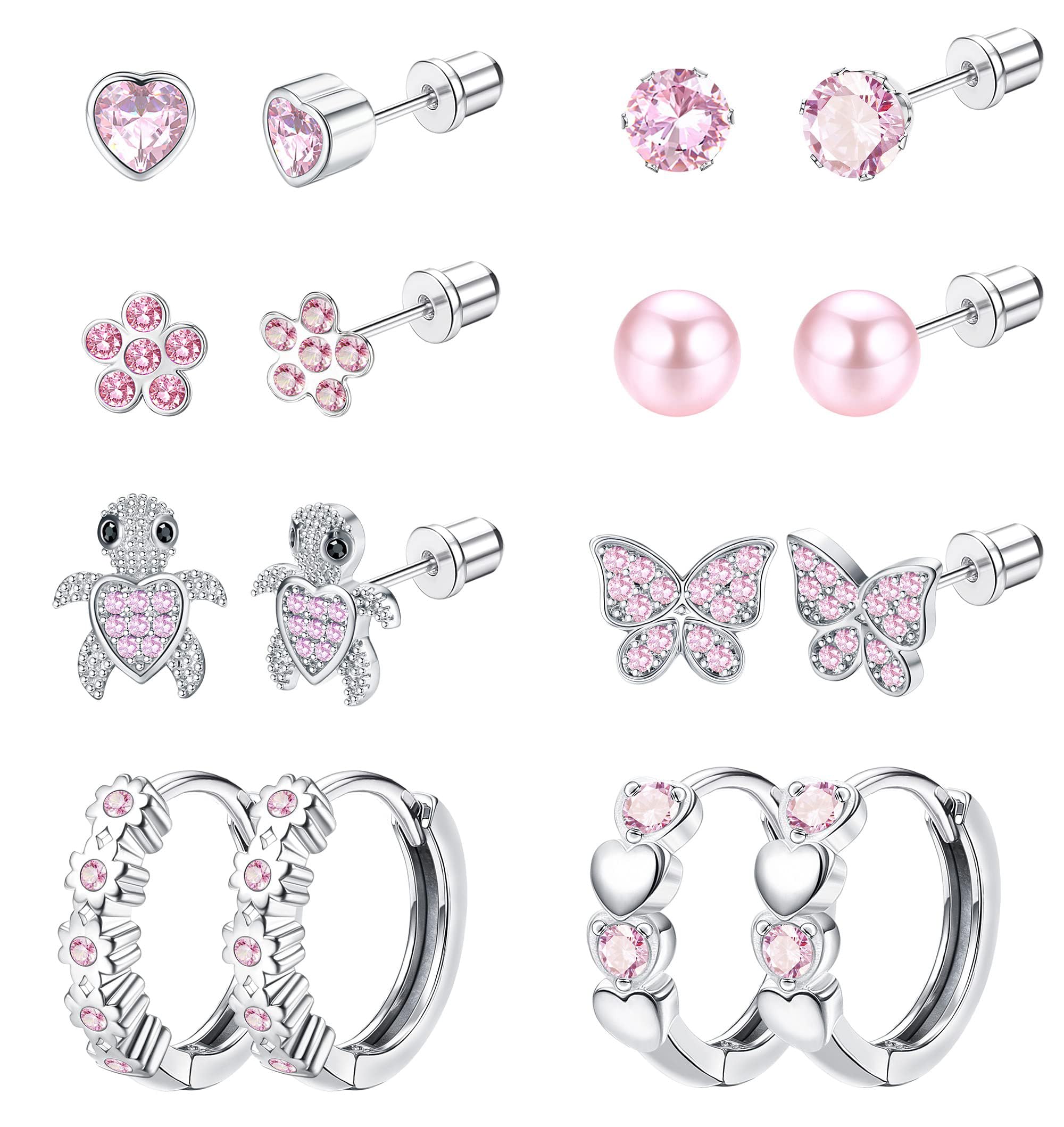 THUNARAZ Hypoallergenic Screwback Earrings Studs for Girls Women 316L Stainless Steel Cute Heart Hoop Earrings CZ Butterfly Turtle Screw Back Stud Earrings 20G