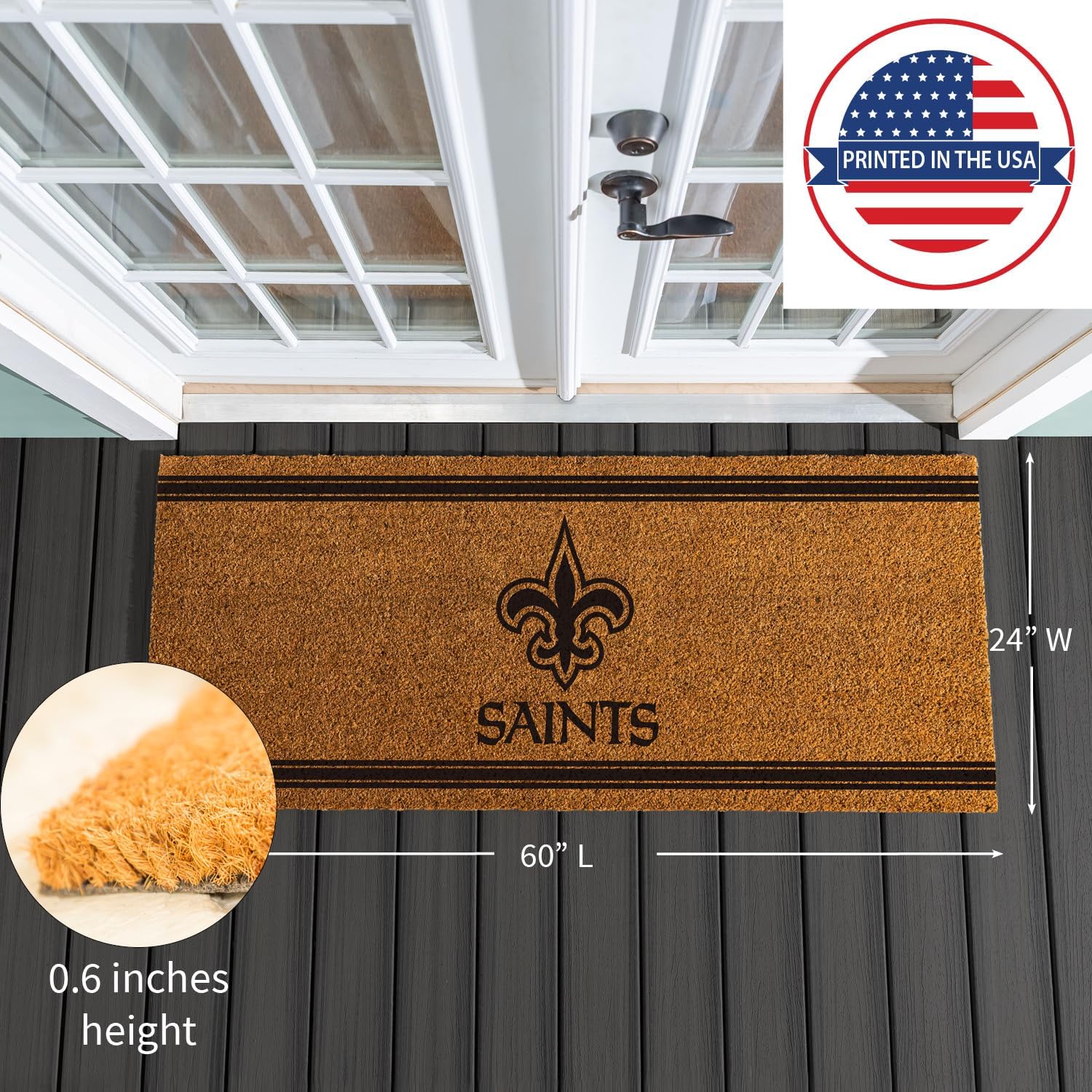 Team Sports America NFL New Orleans Saints Coir Doormat 60"x24", Officially Licensed Team Logo, Extra Large Front Door Mat, Outdoor Indoor Entrance Rug, Non-Slip Welcome Mat for Double Doors