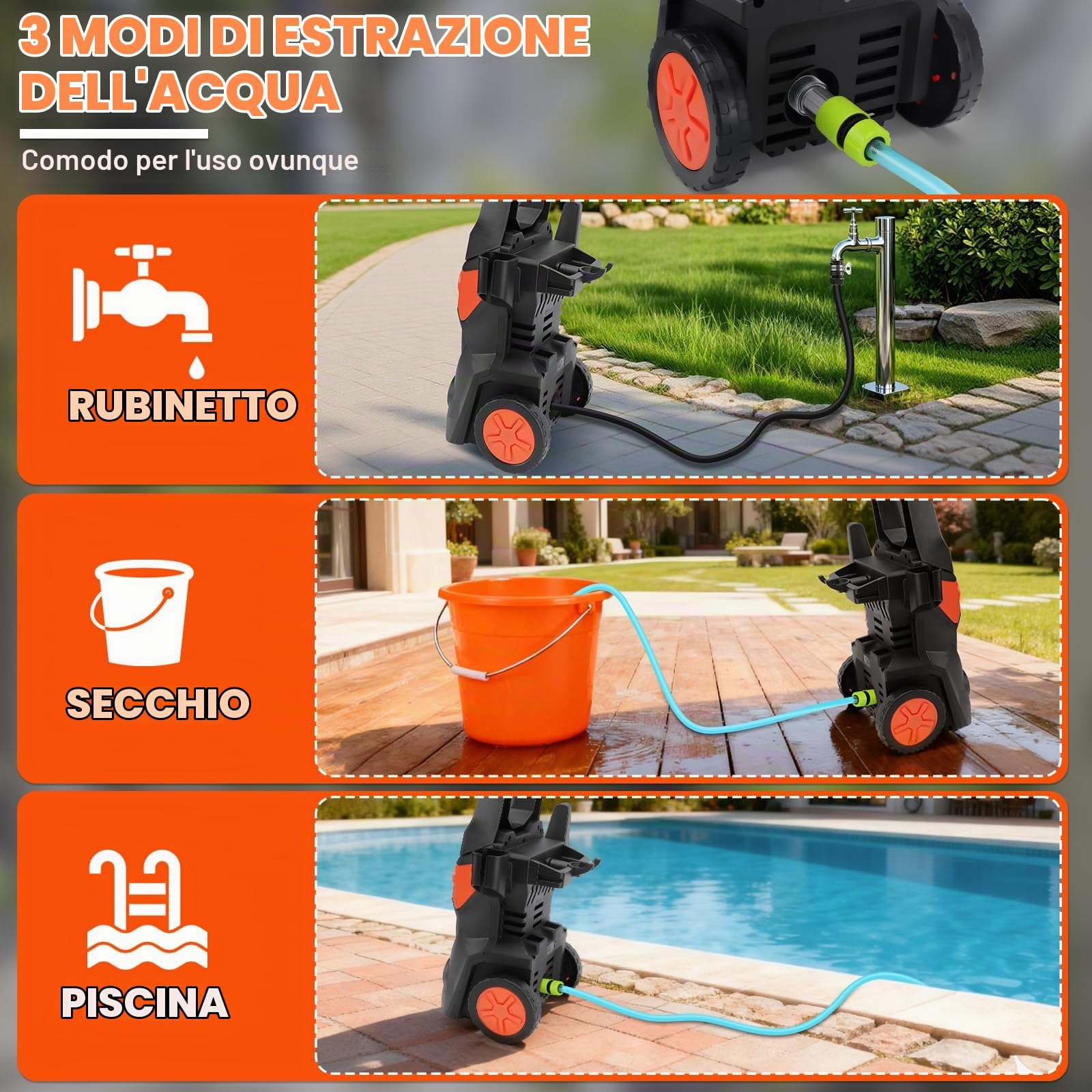 KAOLALI Idropulitrice, 3000W Pressione di Esercizio, Portata 336 l/h | con 4 Ugelli, Lancia Schiumogena, per Pavimenti da Giardino, Recinzioni, Casa, Auto