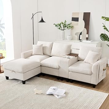 Merax 3-Seater Sofa Corner Sofa L Shape with Ottoman Including Storage Space Cord Fabric Couch with Console USB-C Ports Cup Holder and Side Pockets Beige