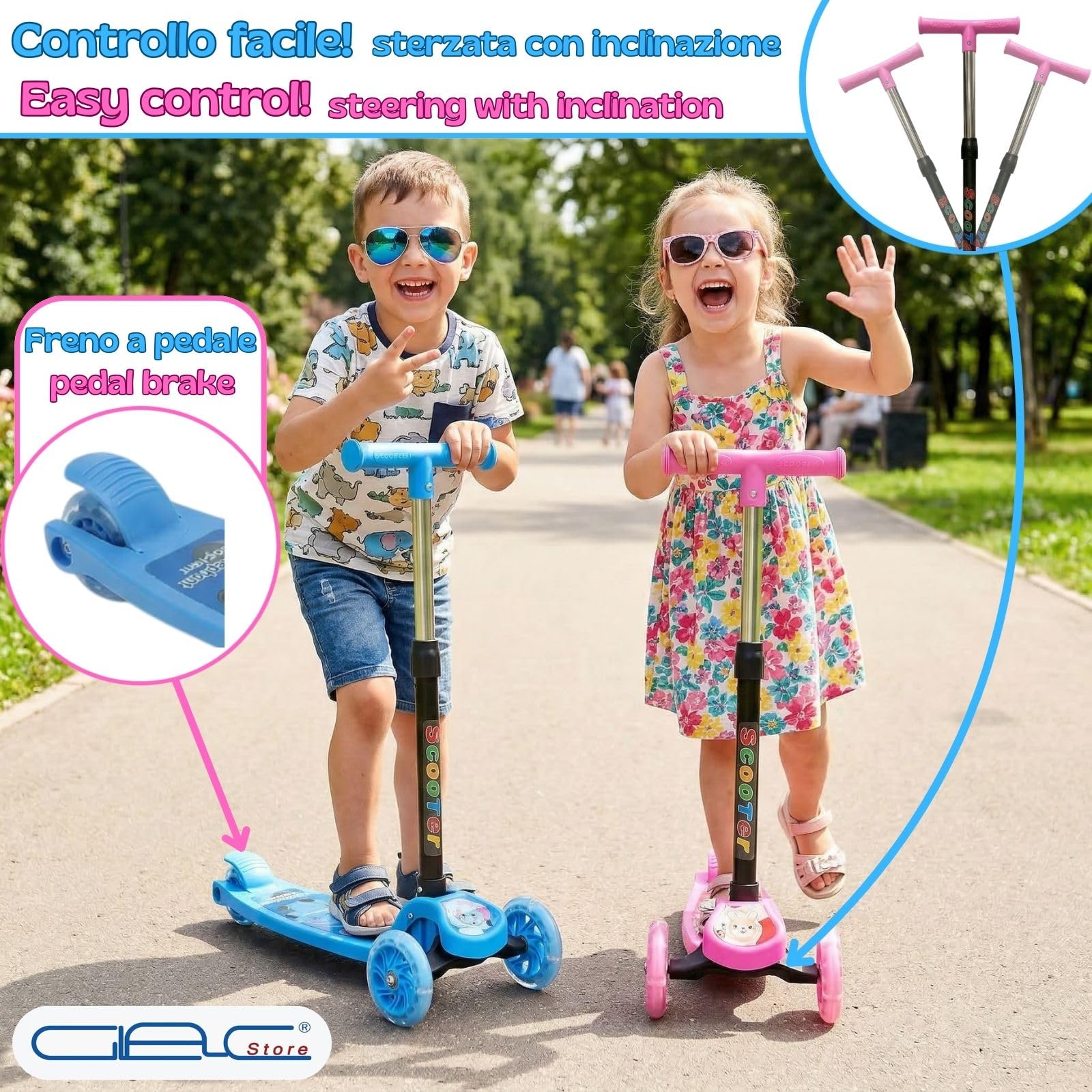 Monopattino per Bambini, 3 Ruote con Luci LED, Manubrio Regolabile in 4 Altezze, Freno a Pedale, Uso Esterno, dai 3 Anni in su