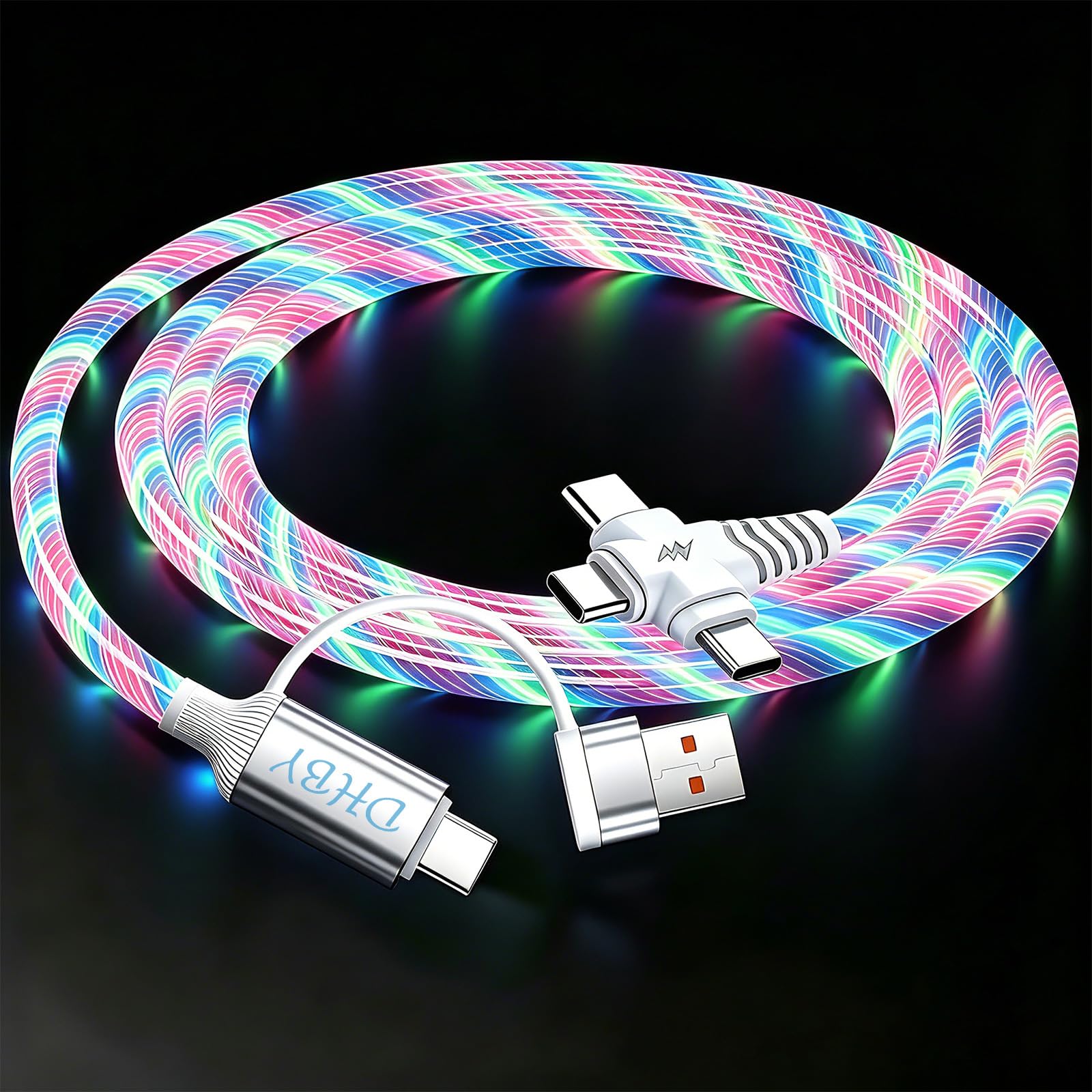 Cavo di ricarica rapida a LED 6 in 1 con luce fluente colorata, 1 m, cavo USB in morbido PVC con ricarica super veloce, sincronizzazione dati ad alta velocità ed effetto luce a risparmio