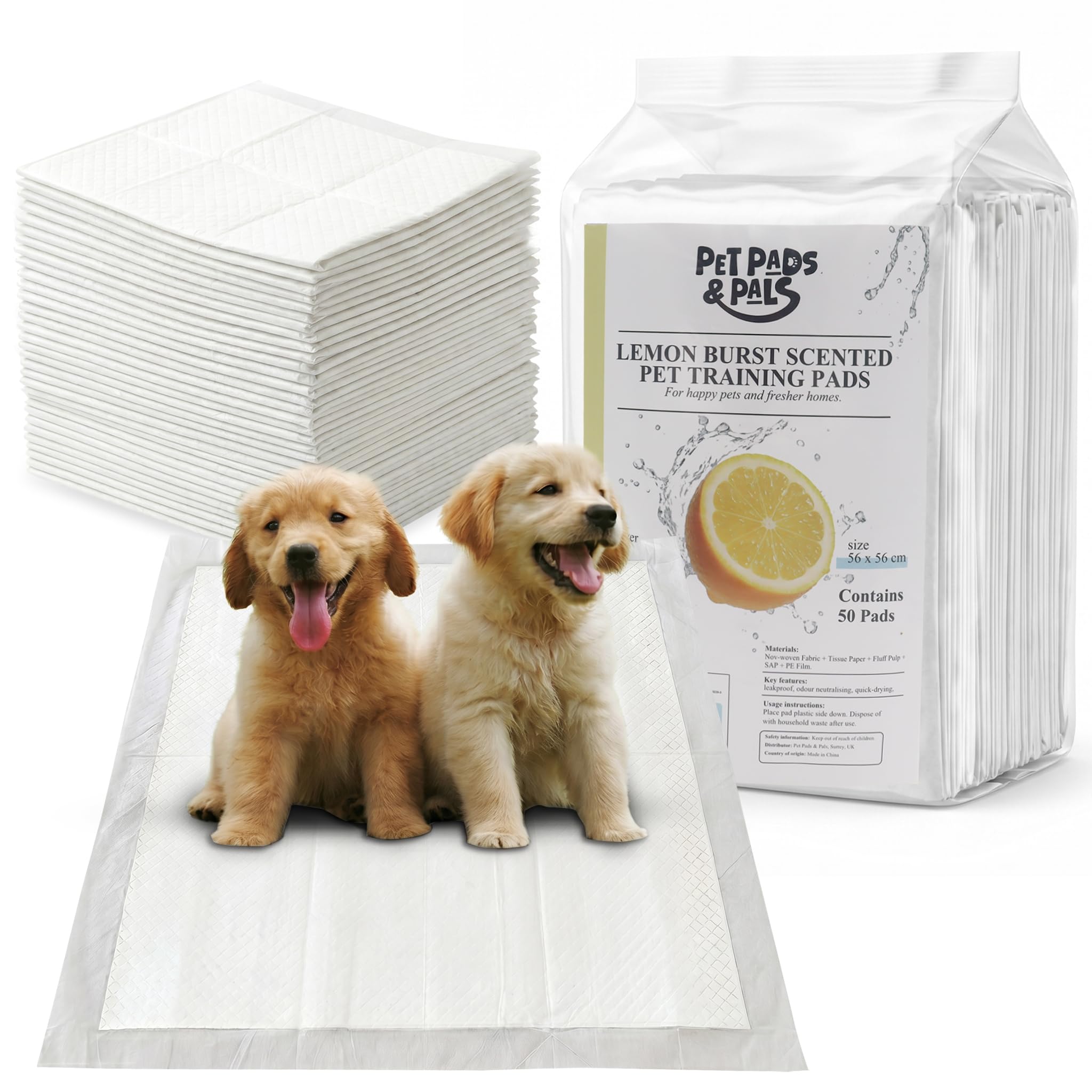 Pet Pads & Pals White - Lemon Burst Puppy Training Pads, Leakproof Dog Pee Pads With White Border, Fast-Dry Absorbent Training Pads, 56 X 56 Cm, 50 Count (Pack Of 50, Lemon Burst Scent)