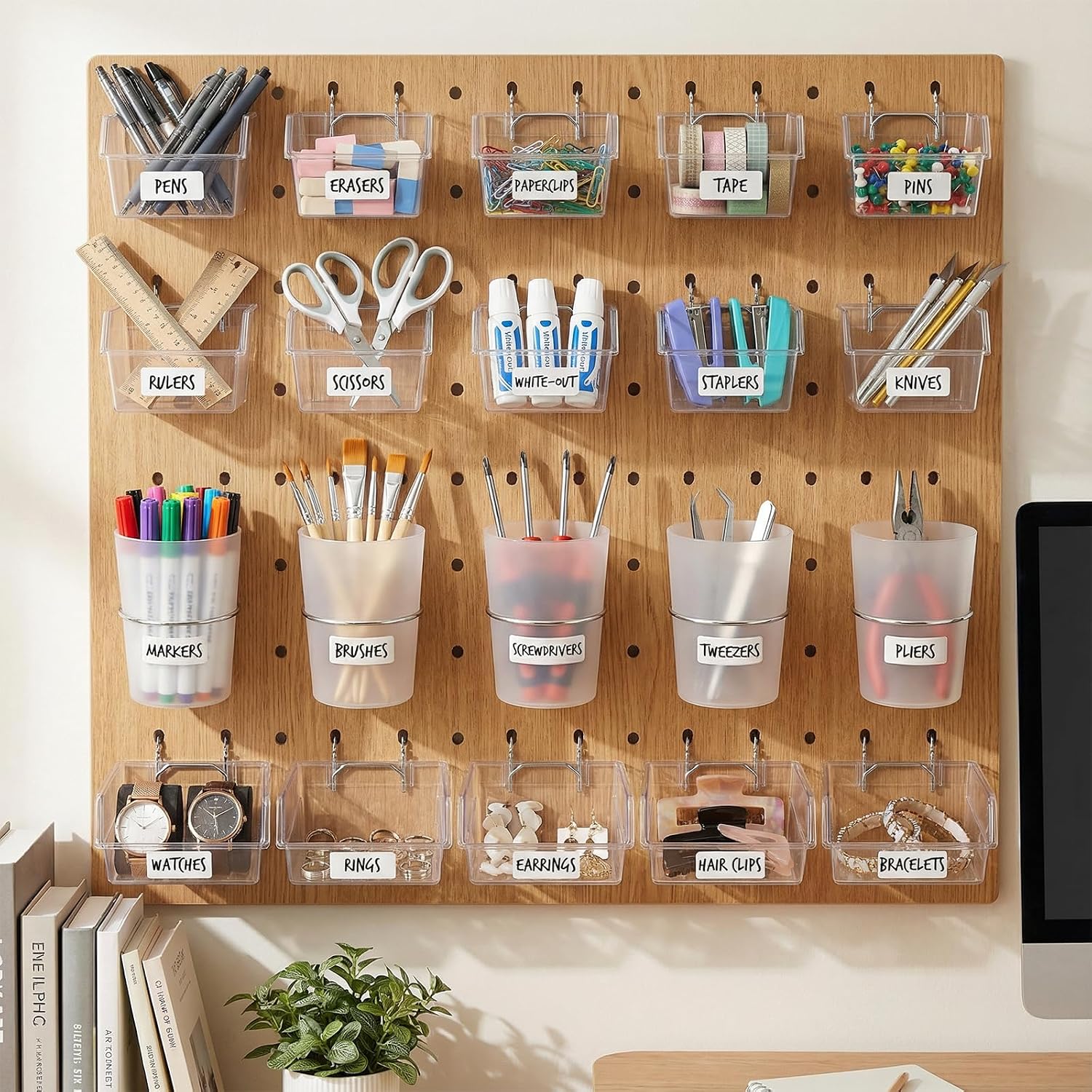 20 PCS Pegboard Cups Bins Set with Hooks & Loops, Pegboard Wall Organizer Assortment Organizer Accessory for Garage Craft Workshop Workbench Hobby Office(Transparent)