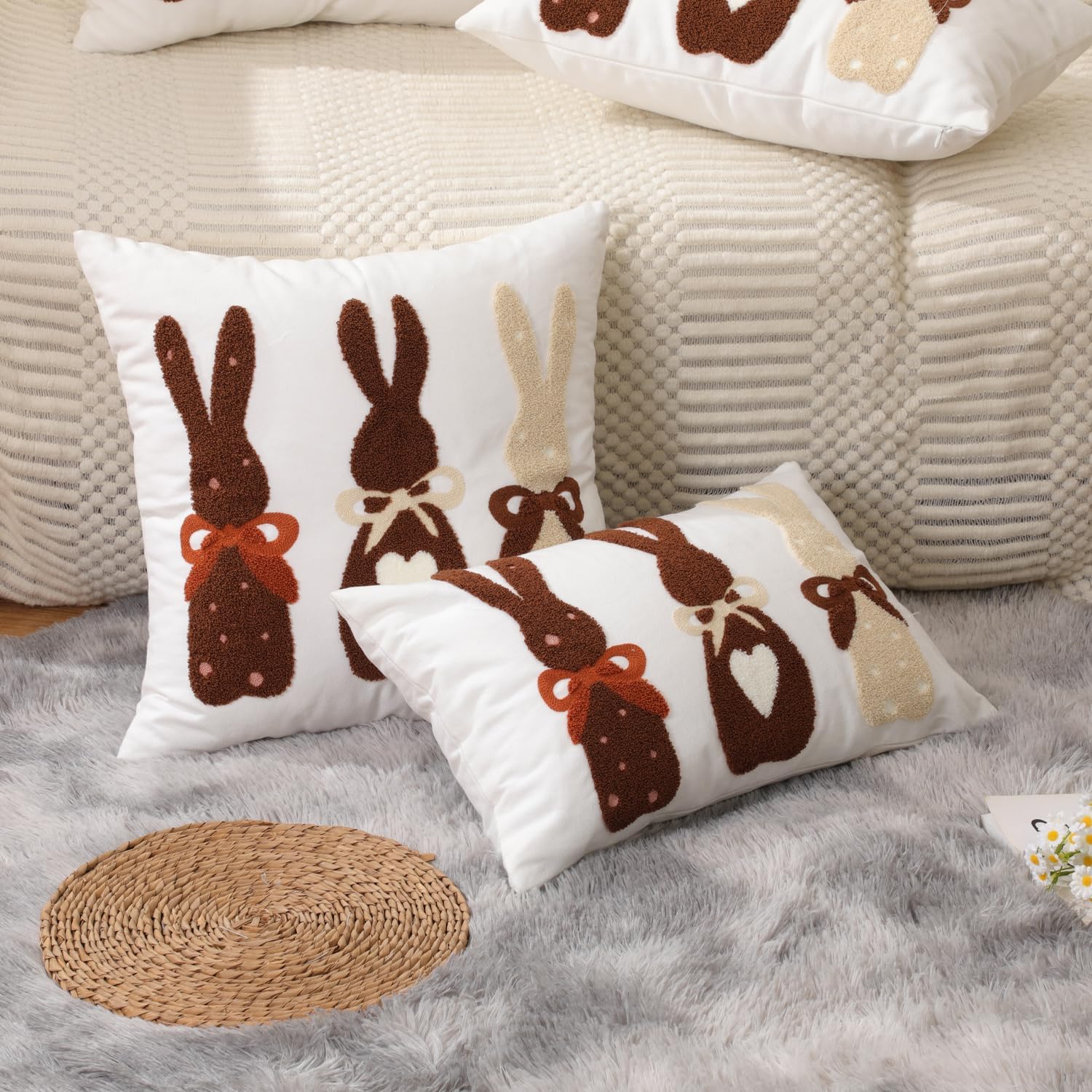 Easter Pillow Covers 18x18 inch Set of 2 Easter Decorations Brown Rabbit Embroidery Throw Pillows for Bedroom Sofa Couch Holiday Home Farmhouse Decor image 4