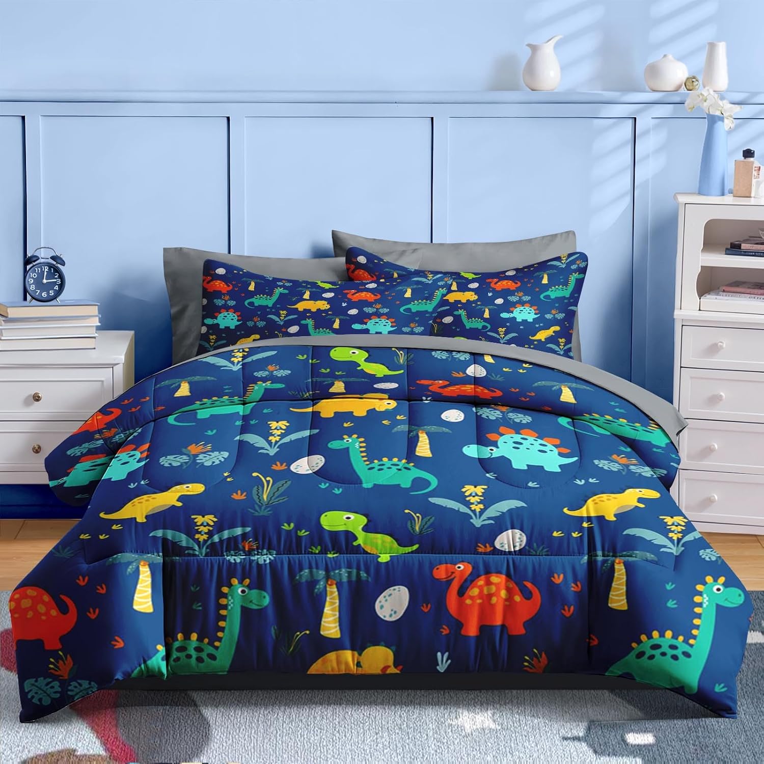 Nesker Comforter Set Queen Size, Blue Dino 7 Pcs Bedding for Kids Teens, Dinosaur with Fitted Sheet 2 Pillowcases & 2 Shams for Bedroom Bed Decor - Image 2