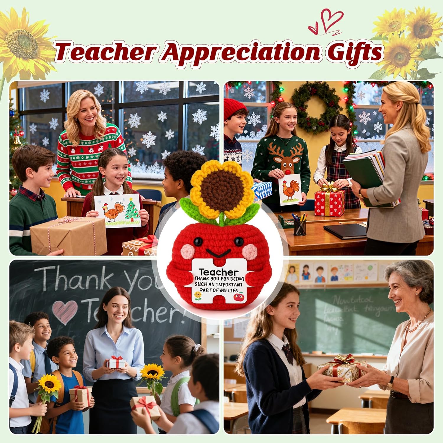 XgiftCreat Appreciation Valentines for Teacher Gifts - Funny Crochet Apple Sunflower Gifts Valentine's Day for Teachers Women, Thank You Teachers End of Year Last Day Gift Christmas Stocking Stuffers - Image 7