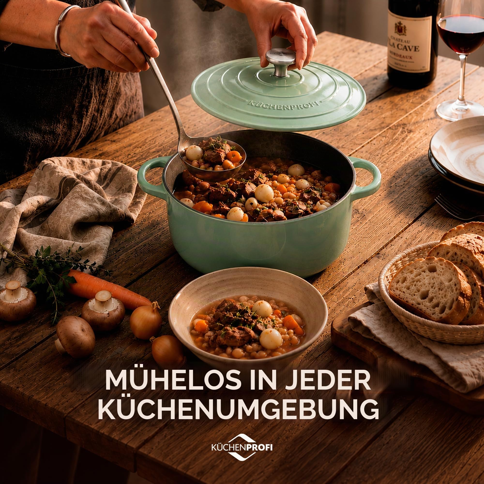 Küchenprofi Gusseisen Bräter mit Deckel rund, jade, 26 cm, Schmortopf, Auflaufform, Dutch Oven, Brotbacktopf, emailliert, für alle Herdarten (inkl. Induktion), zum Schmoren, Backen, Braten