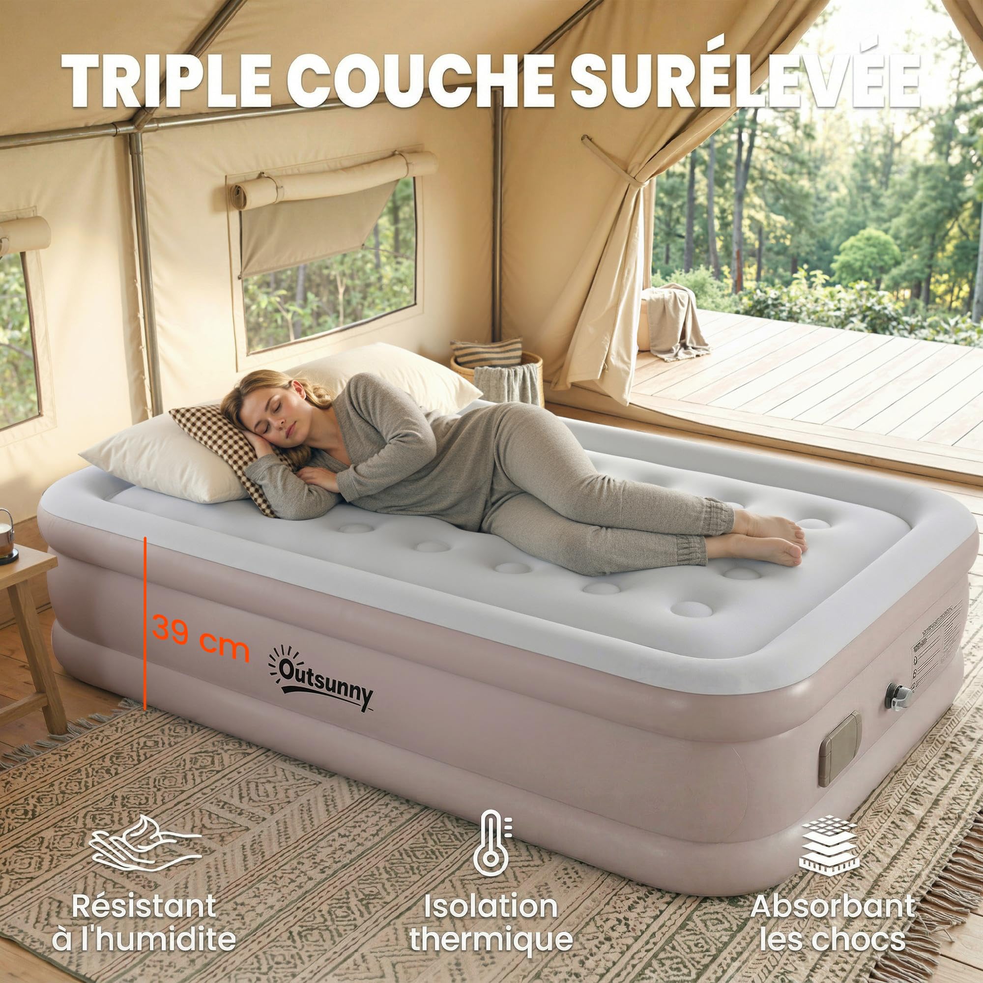 Outsunny Matelas Gonflable, Lit Simple, Pompe Électrique Intégrée, Surface Floquée, Imperméable 5000 mm, Sac Transport, Facile à Ranger, Lit Gonflable pour Camping Voyages Invités, 190x97x39cm, Kaki