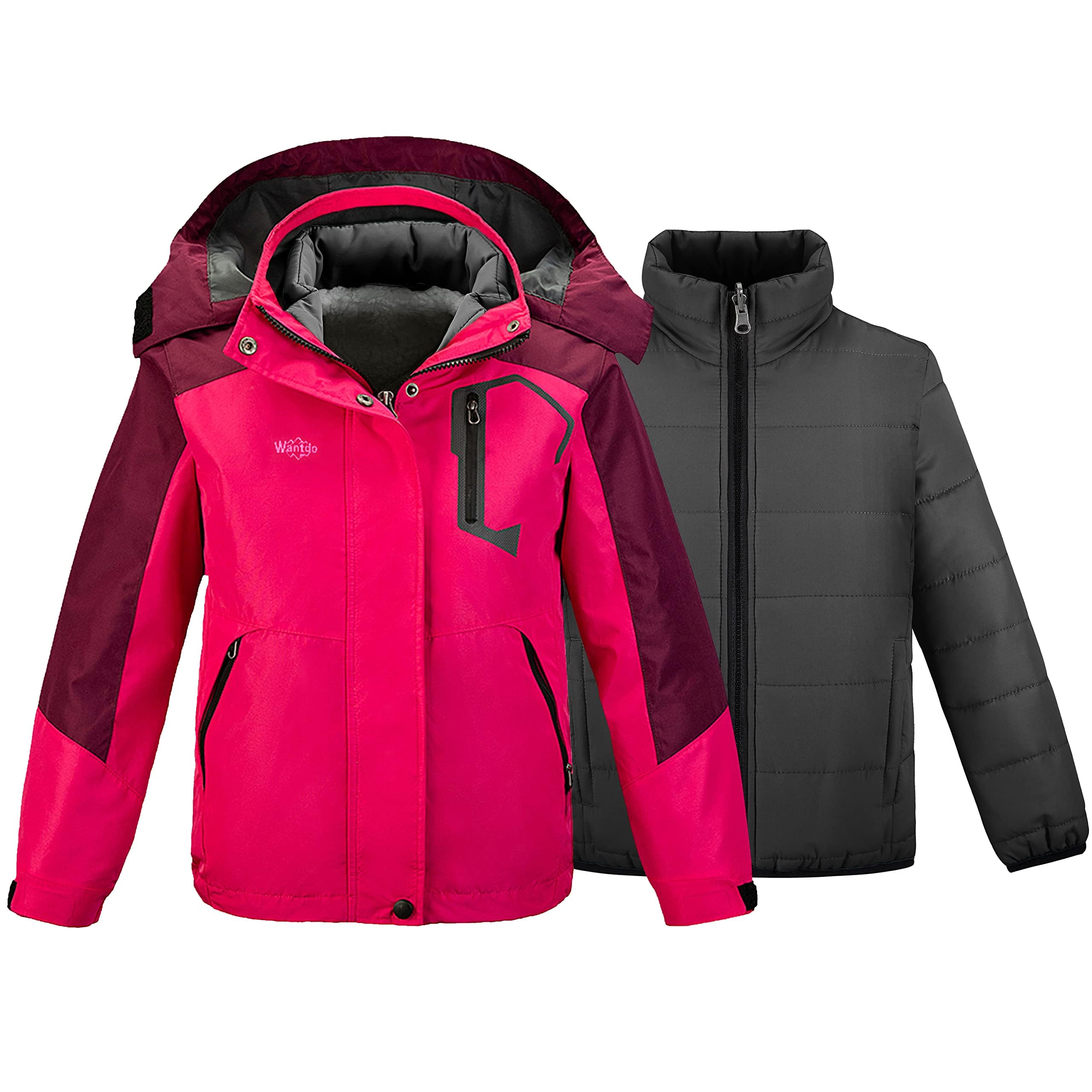 wantdo Girls' 3-in-1 Ski Jacket Windproof Winter Coat Hooded Raincoat