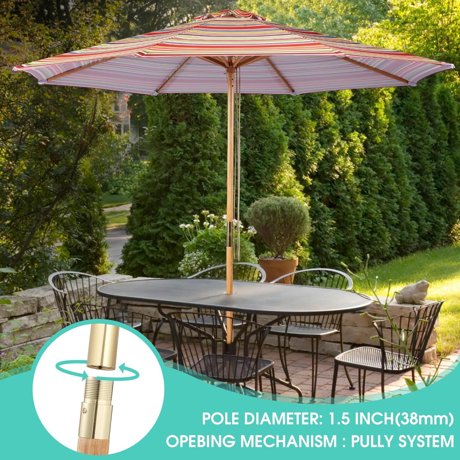 9FT Table Patio Outdoor Umbrella Market Round Umbrella with Pulley Lift Windproof & Waterproof, 8 Ribs with Polyester Cover for Garden, Deck, Pool, lawn, Backyard