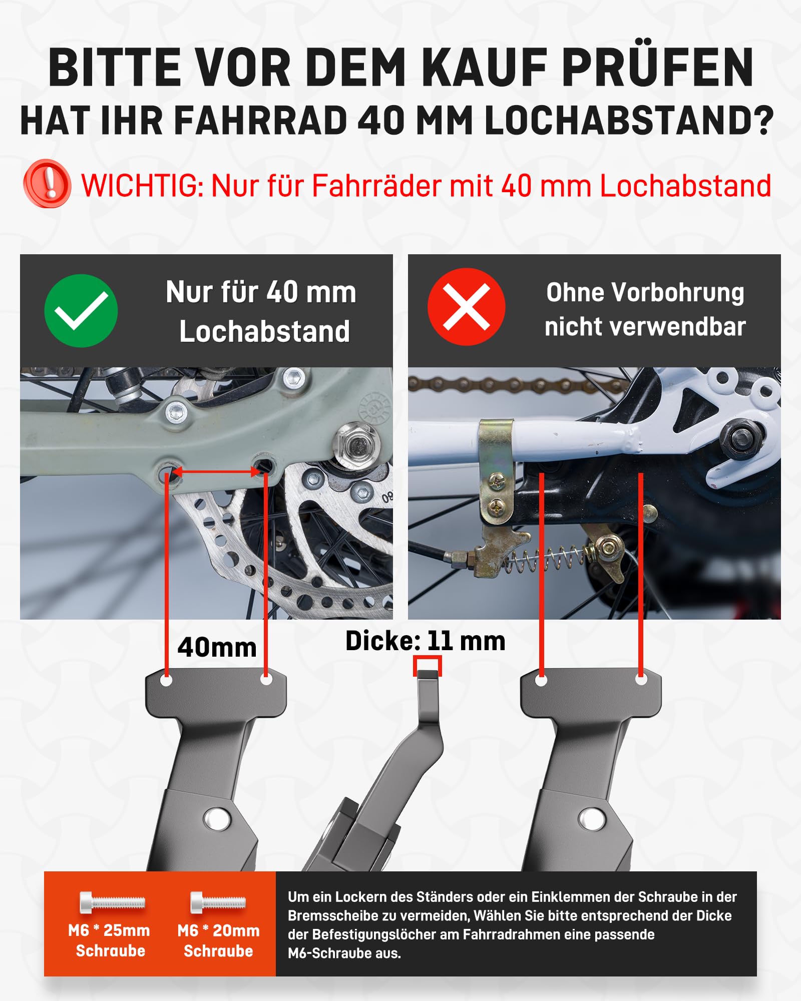 HENMI Fahrradständer e-bike 24-29 Zoll, 40mm lochabstand mit 2 löchern Extra Stabil 80 KG, Verstellbarer Fahrradständer für e bike Mountainbike Rennrad