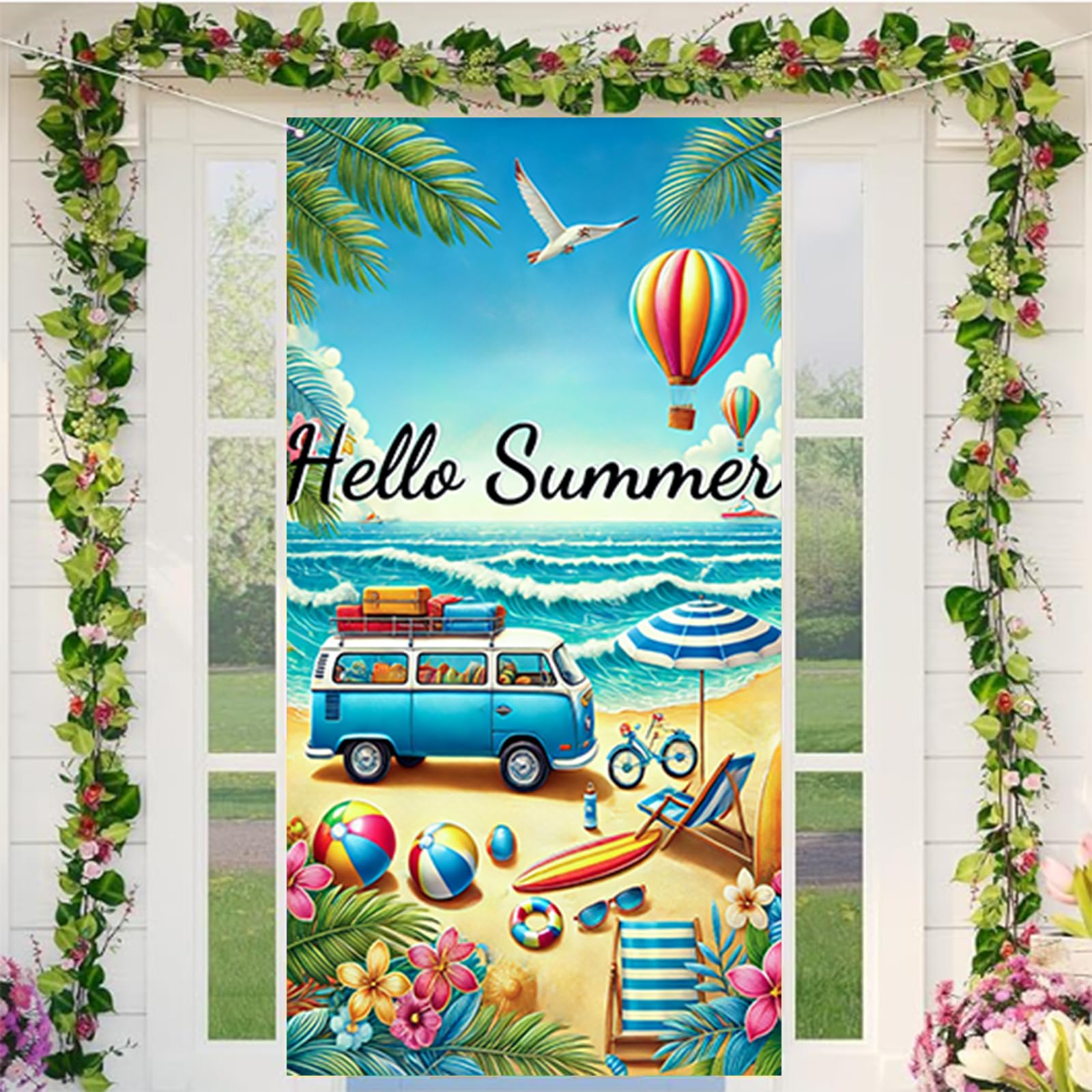 Hello Summer Door Cover 71x35 Inch Beach Train Adventure Summer Door Banner, Front Door Cover Decorative Hawaiian Tropical Welcome Sign for Porch