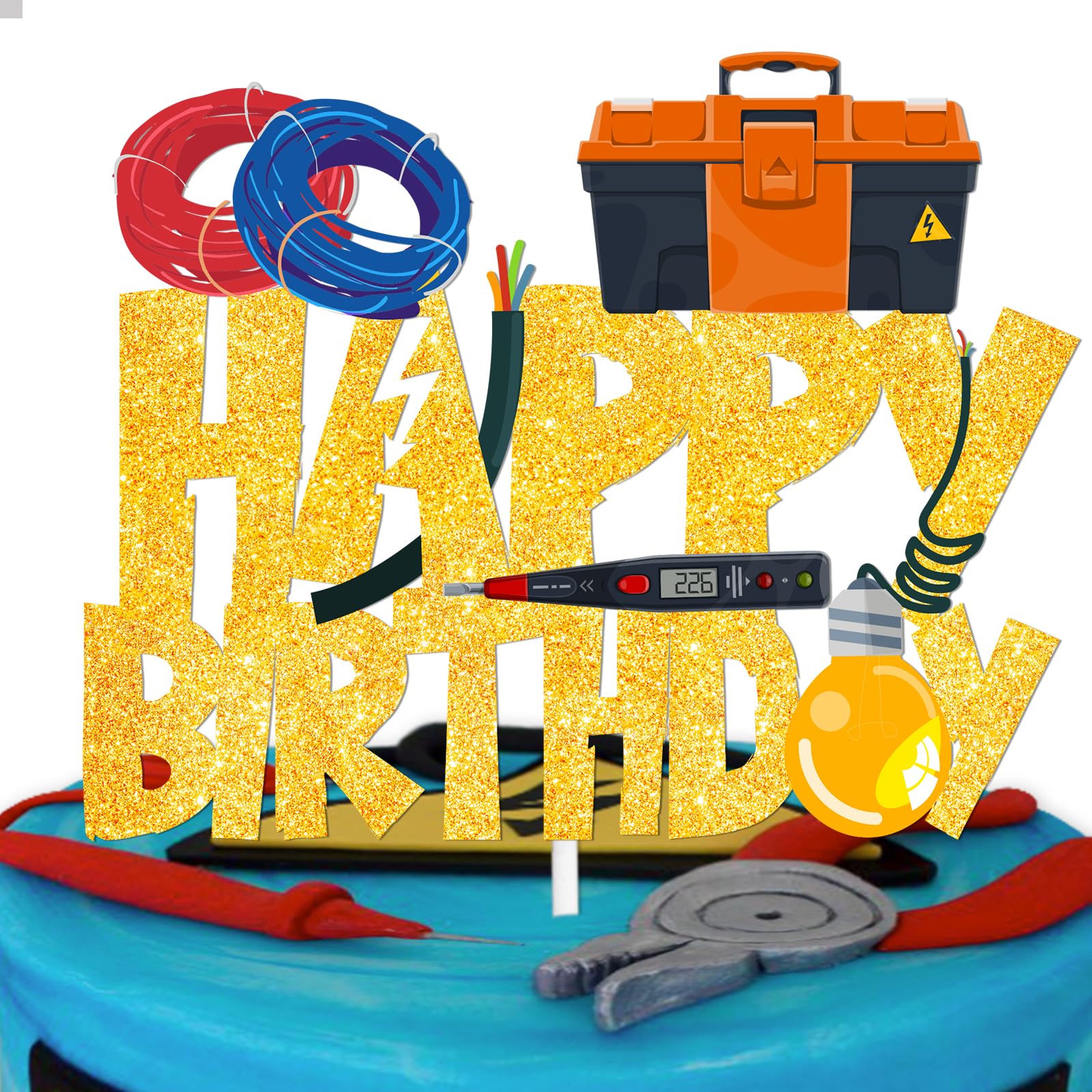 Gold Glitter Happy Birthday Tools Cake Topper Cheer to Power Electrician Lineman Theme Decor Supplies Boy Man Birthday Party Decorations