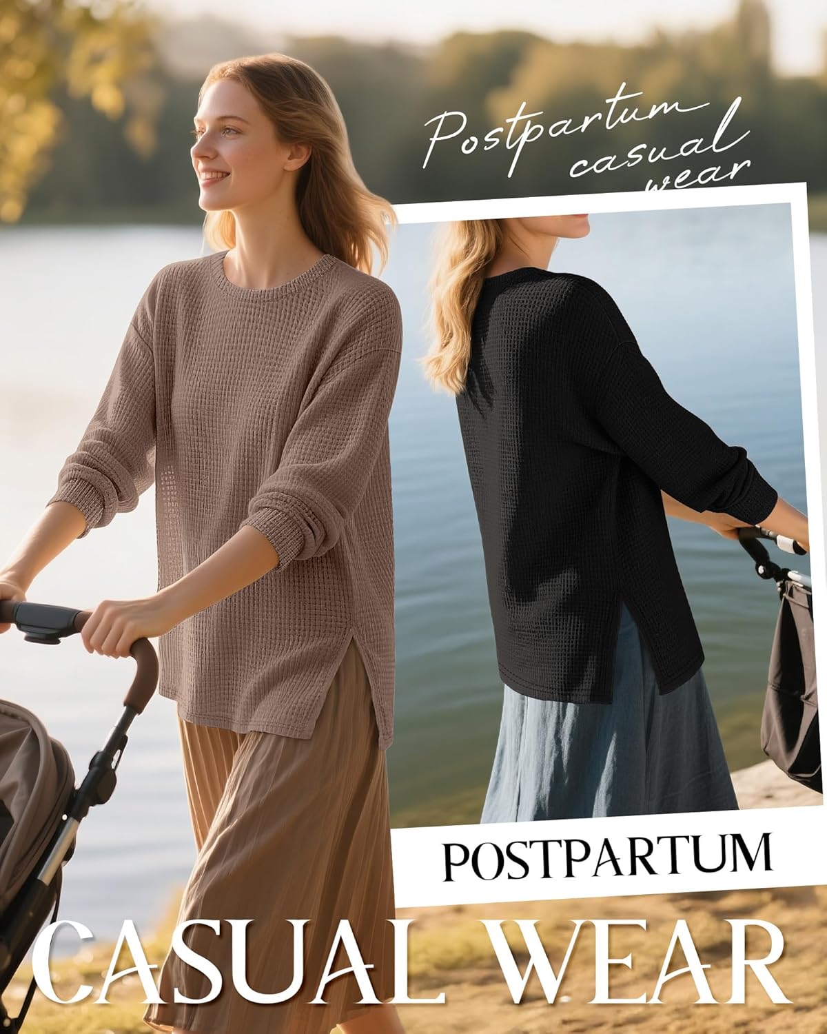 3 Pack Women's Maternity Shirts Long Sleeve Waffle Knit Side Split Oversized Tops Pregnancy Clothes Fall Tees - Image 5