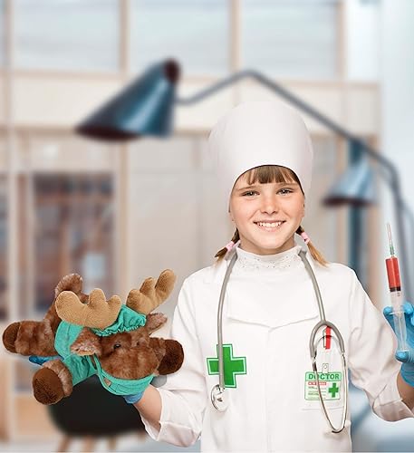 Miniatura 5 de DolliBu Peluche de doctor de alce mentiroso marrón, disfraz de médico de alce súper suave con bonito uniforme y traje de gorra, regalo con