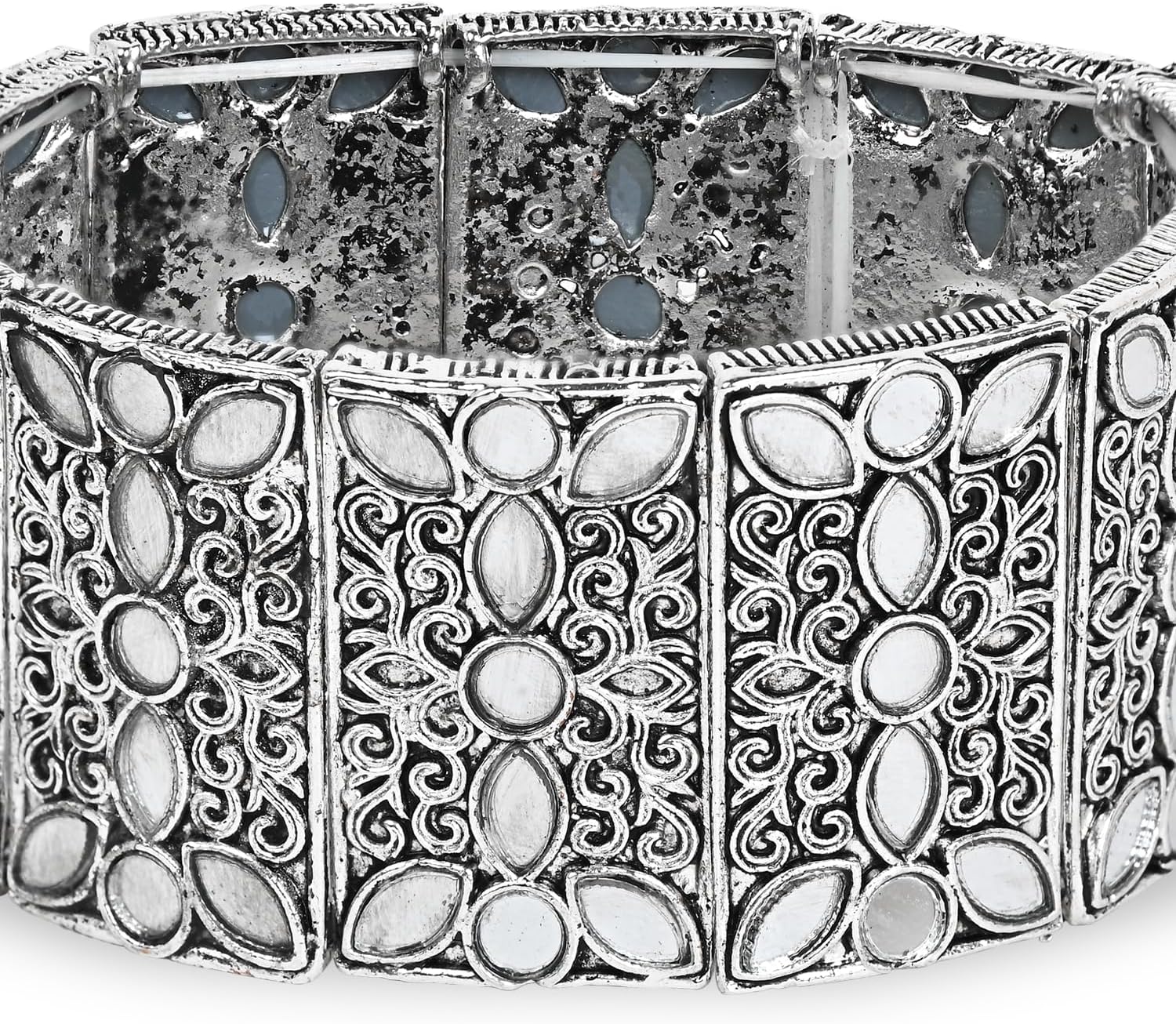 I Jewels Silver Oxidised Indian Wedding Bollywood Afghani Mirror Work Stretch Bracelet For Women (ADB500OX)
