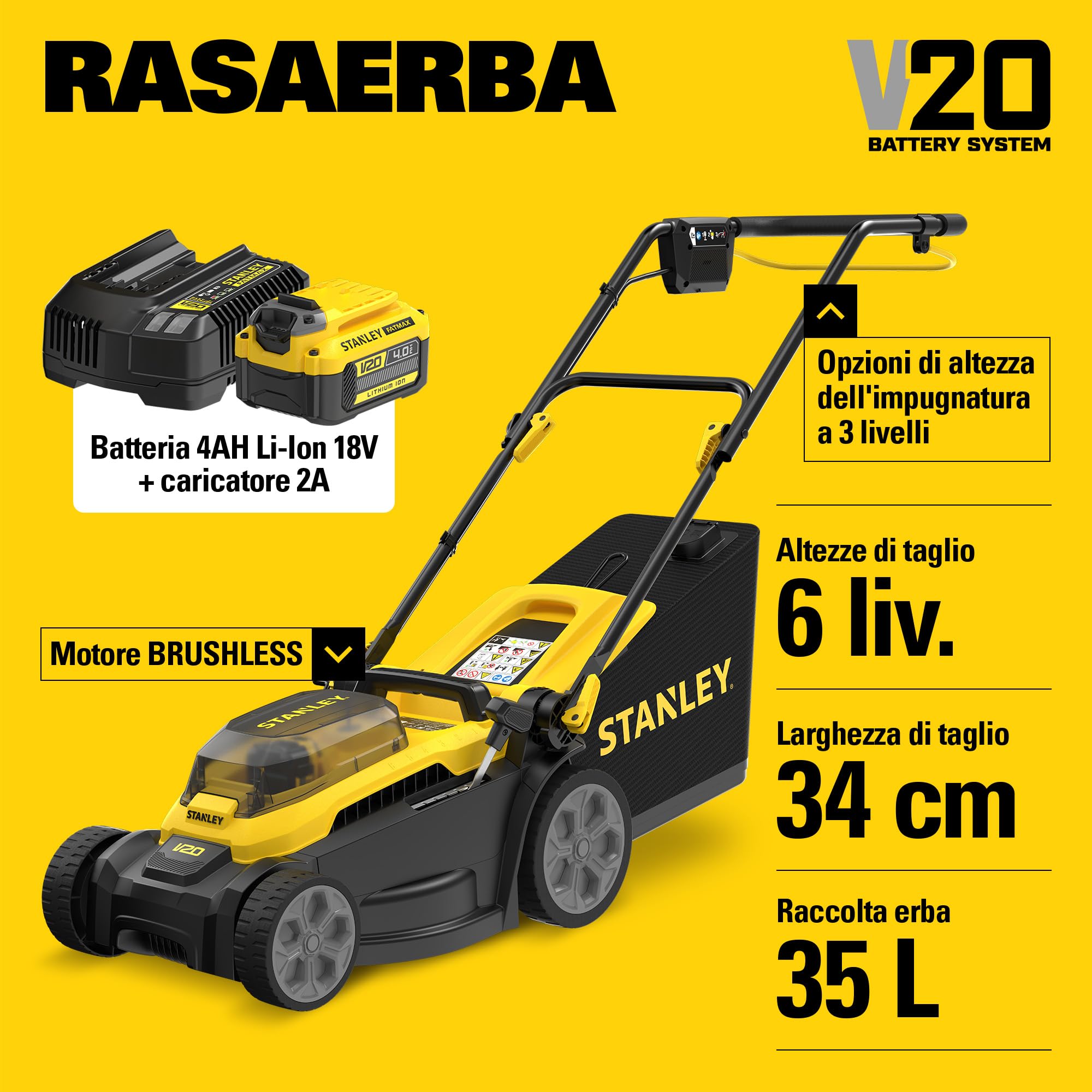 STANLEY V20 Cordless Brushless 34cm Walk-Behind Mower, include batteria Li-Ion 4Ah e caricatore 2A, 18V, SCMWP3401M1-QW