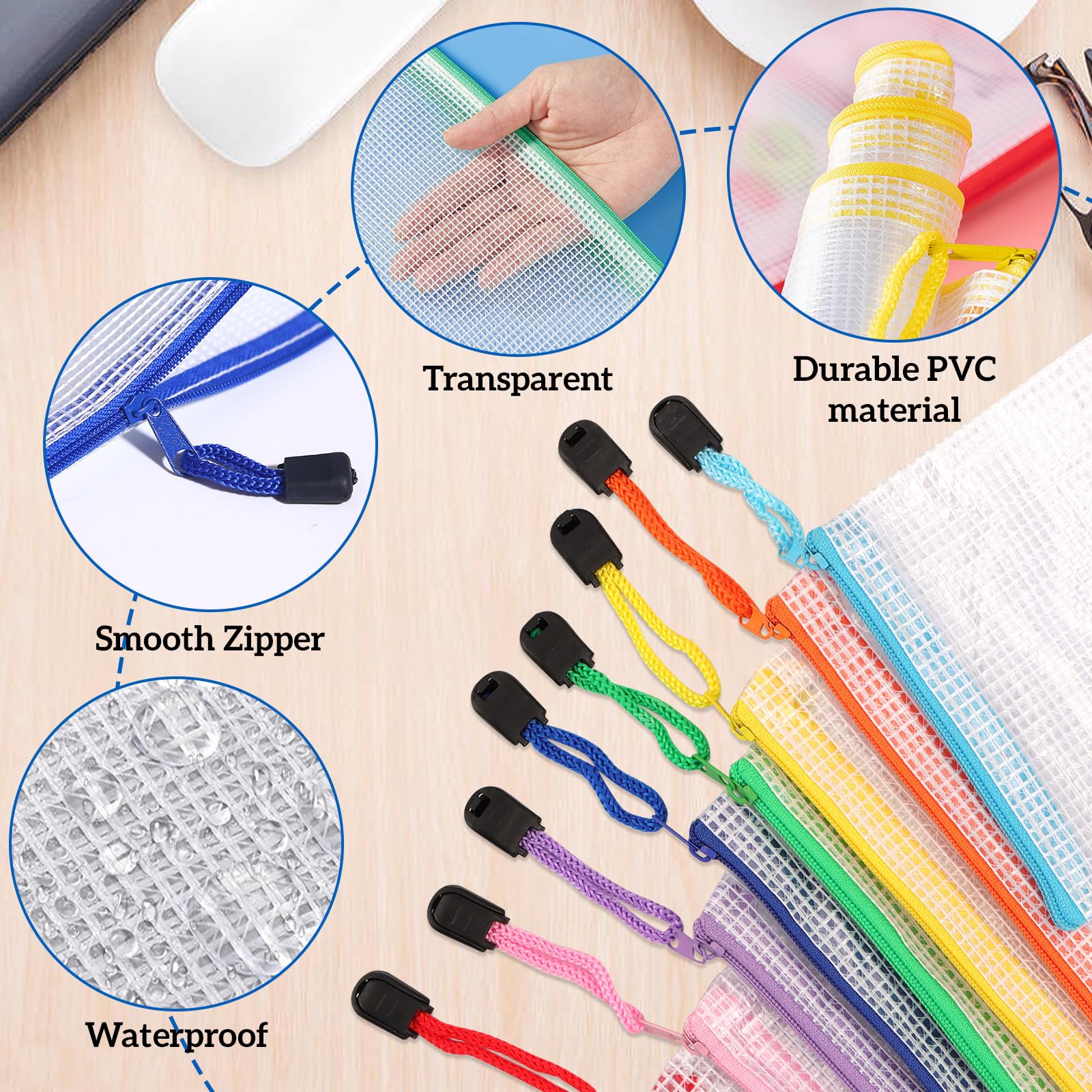 36 bolsas para documentos impermeables con pegatinas, bolsas de malla con cremallera, bolsa de plástico con cremallera para archivos, documentos, escuela, papel, cosméticos (multicolor, 8 tamaños)