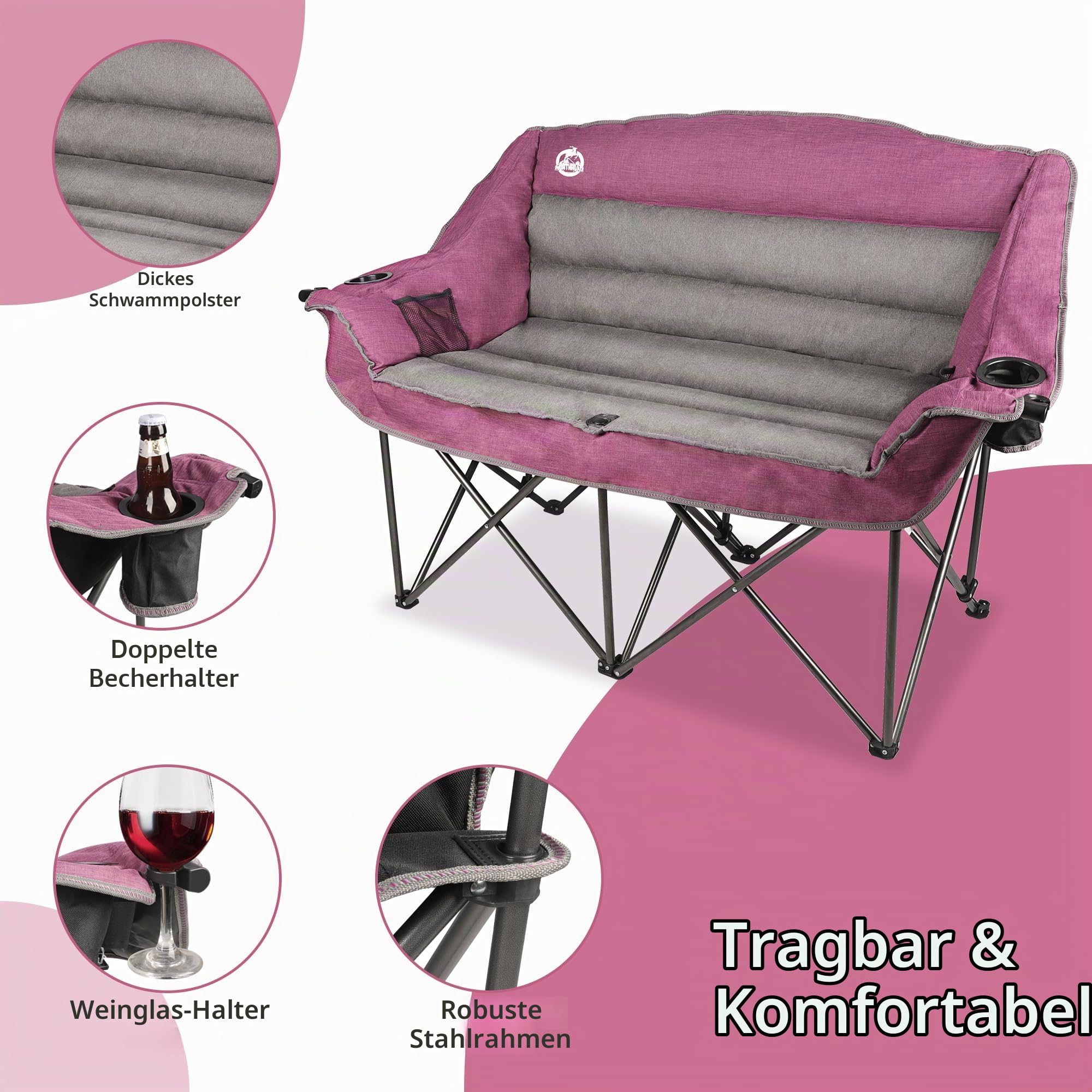Northroad Folding Loveseat Camping Stuhl Portable Double Duo voll gepolstert Garten Stuhl für 2 Personen Sofa w/Becherhalter, Weinglas Halter, Mesh Storage, Support 600lbs für Picknick Strand Reisen
