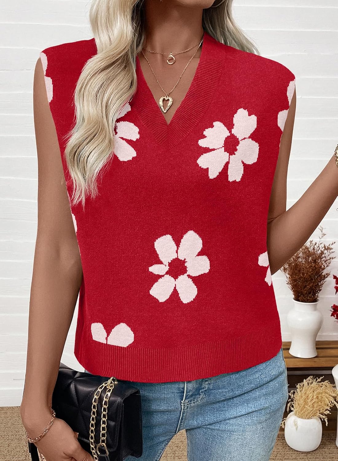 EVALESS Sweater Vest Women Fall Clothes Casual V Neck Cap Sleeve Knit Sweaters Floral Print Vest Tops School Outfits - Image 2