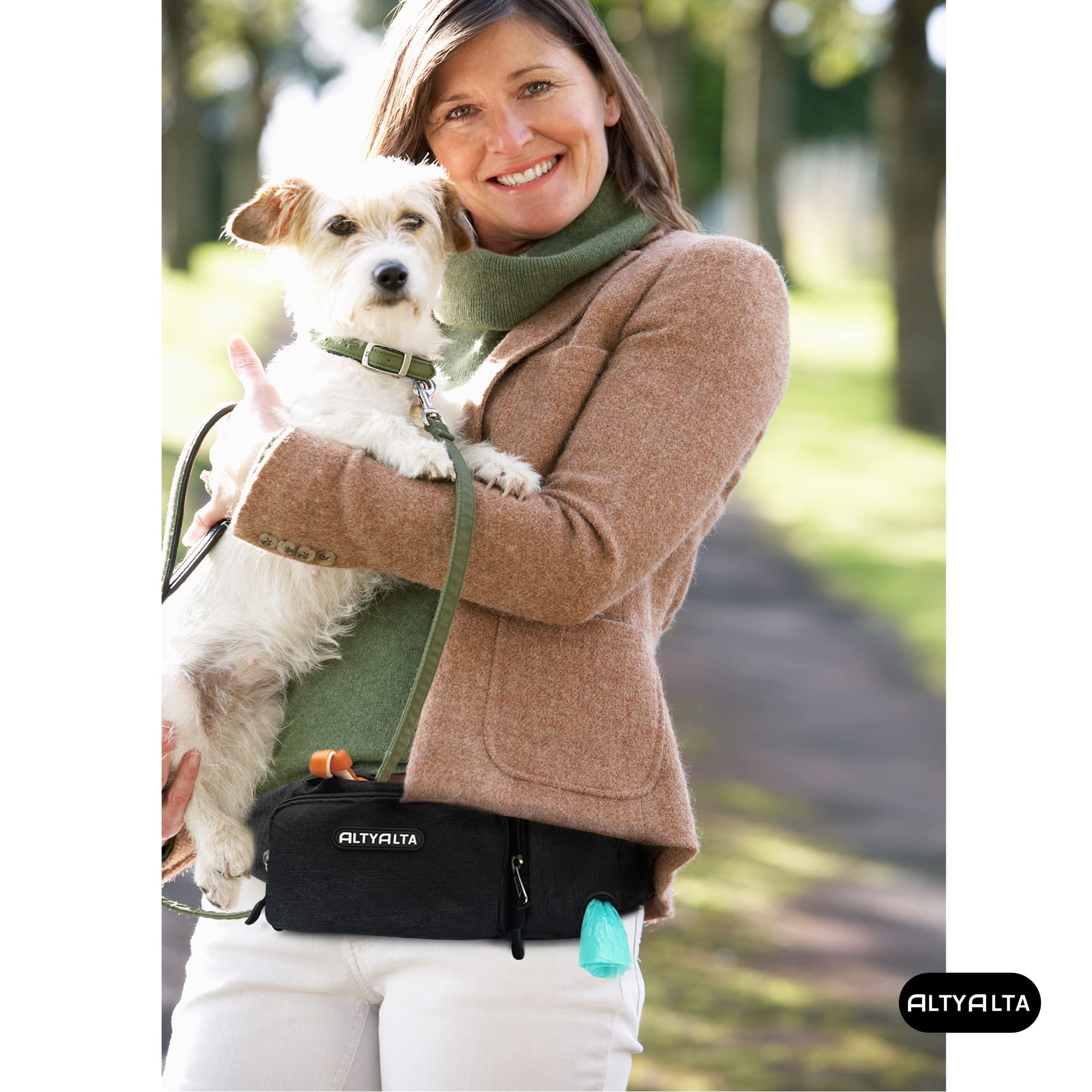 AEZ Marsupi da Passeggio per Cani, Marsupio per l'addestramento del Cane, Facilmente per Camminare con i Cani, Marsupio e distributore di Sacchetti per i rifiuti (Nero Melange)