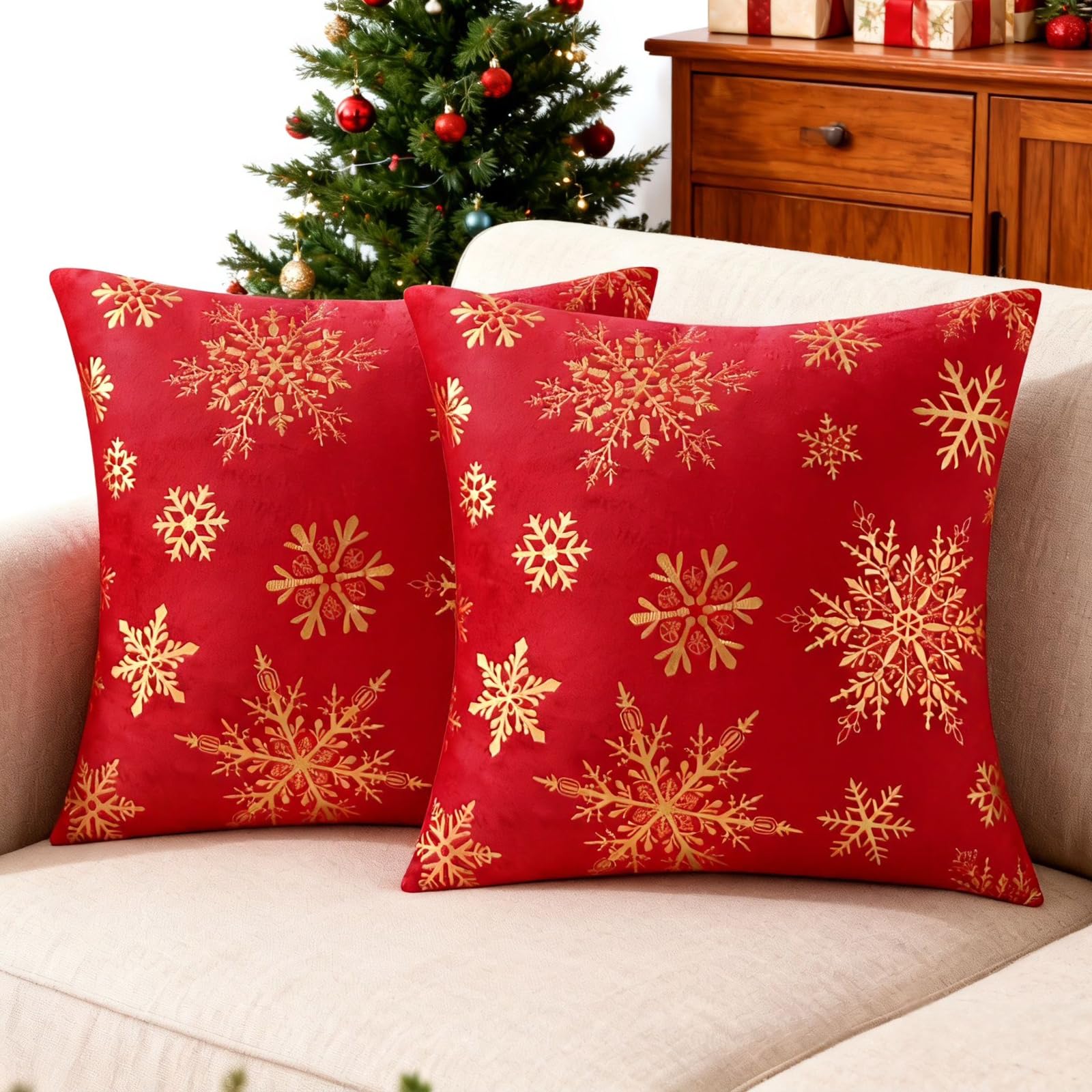 Brylleii 2er Kissenbezug Weihnachten 50x50 Gold Weihnachtskissenbezug Samt Rot Weihnachts Kissen Weiche Weihnachtsdeko Kissenhülle Schneeflocke Muster Winter Zierkissen für Sofakissen Wohnzimmer Küche, Haushalt & Wohnen