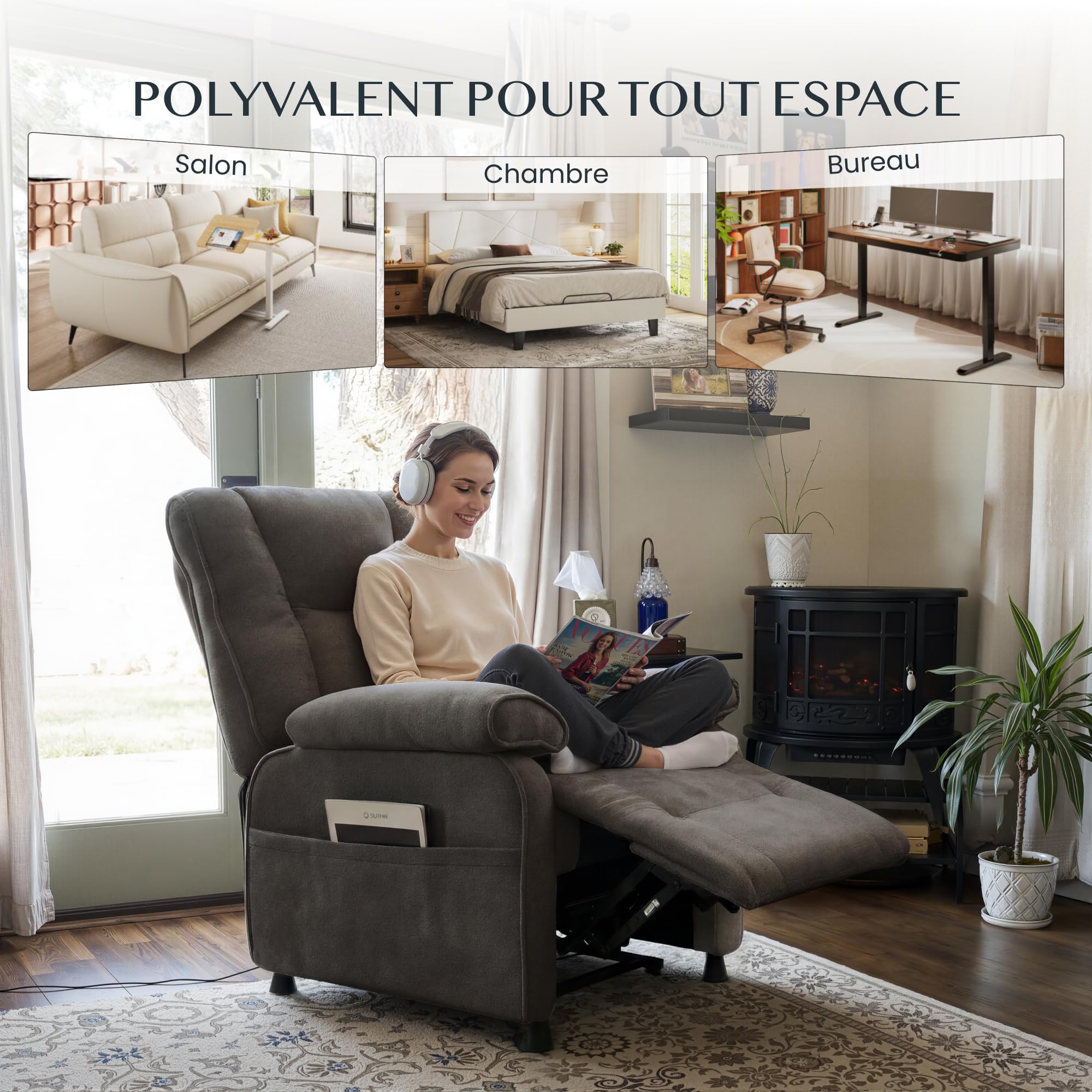 FLEXISPOT Elektryczny fotel relaksacyjny 95°–155° – 155°, uchwyt 150 kg, ergonomiczny fotel telewizyjny z podnóżkiem, regulowane oparcie, gruba wyściółka, kieszeń boczna, ciemnoszary