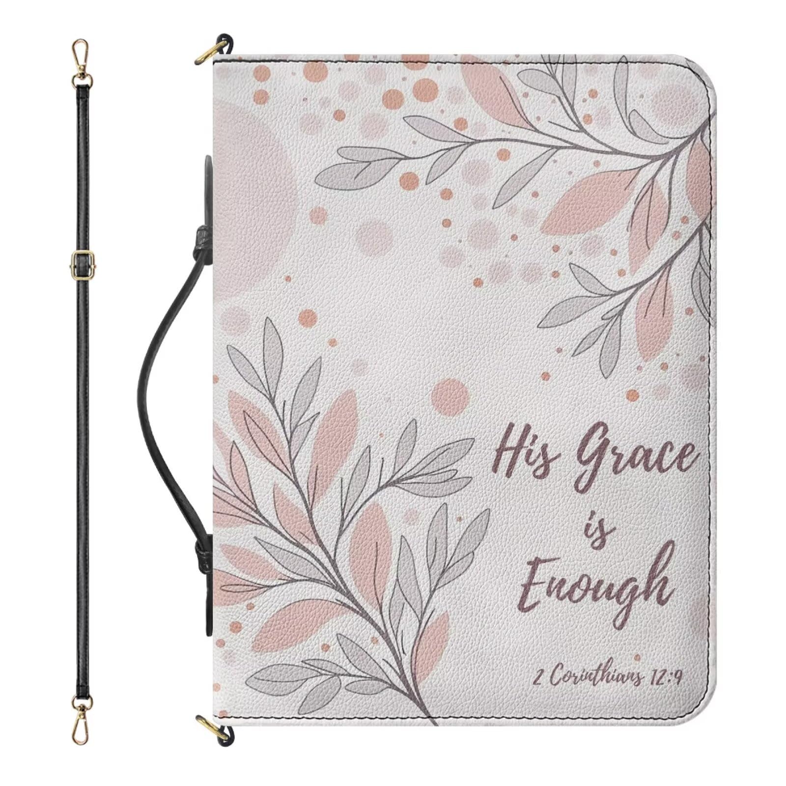 Drnuikhe Aesthetic Bible Bag for Women Gray, Extra Large Bible Cover Case with Strap and Handle, II Corinthians 12:9 Bible Holder with Inner Pockets and Pen Loop, Church Bags for Women